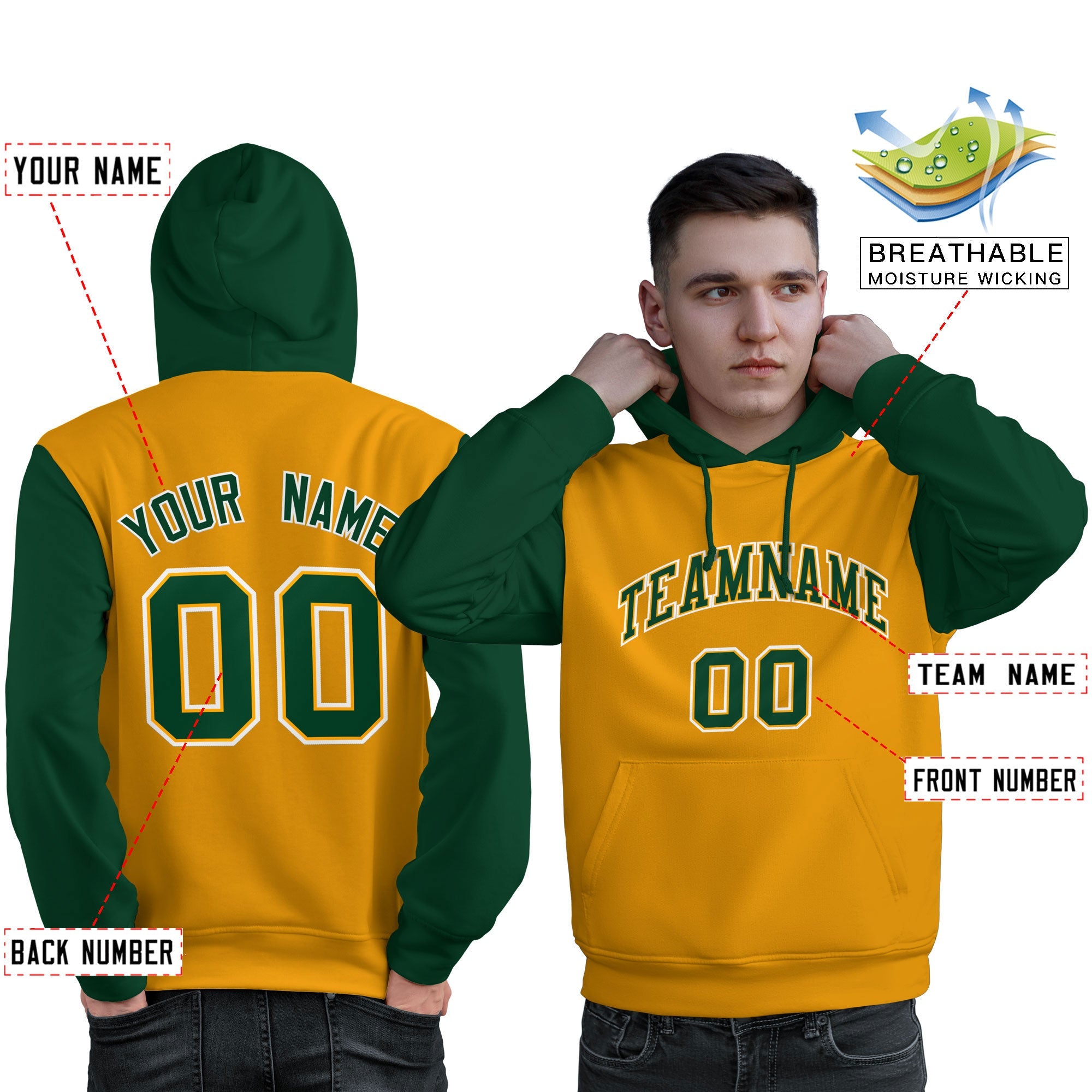 Custom Gold Green-White Raglan Sleeves Pullover Personalized Sweatshirt Hoodie