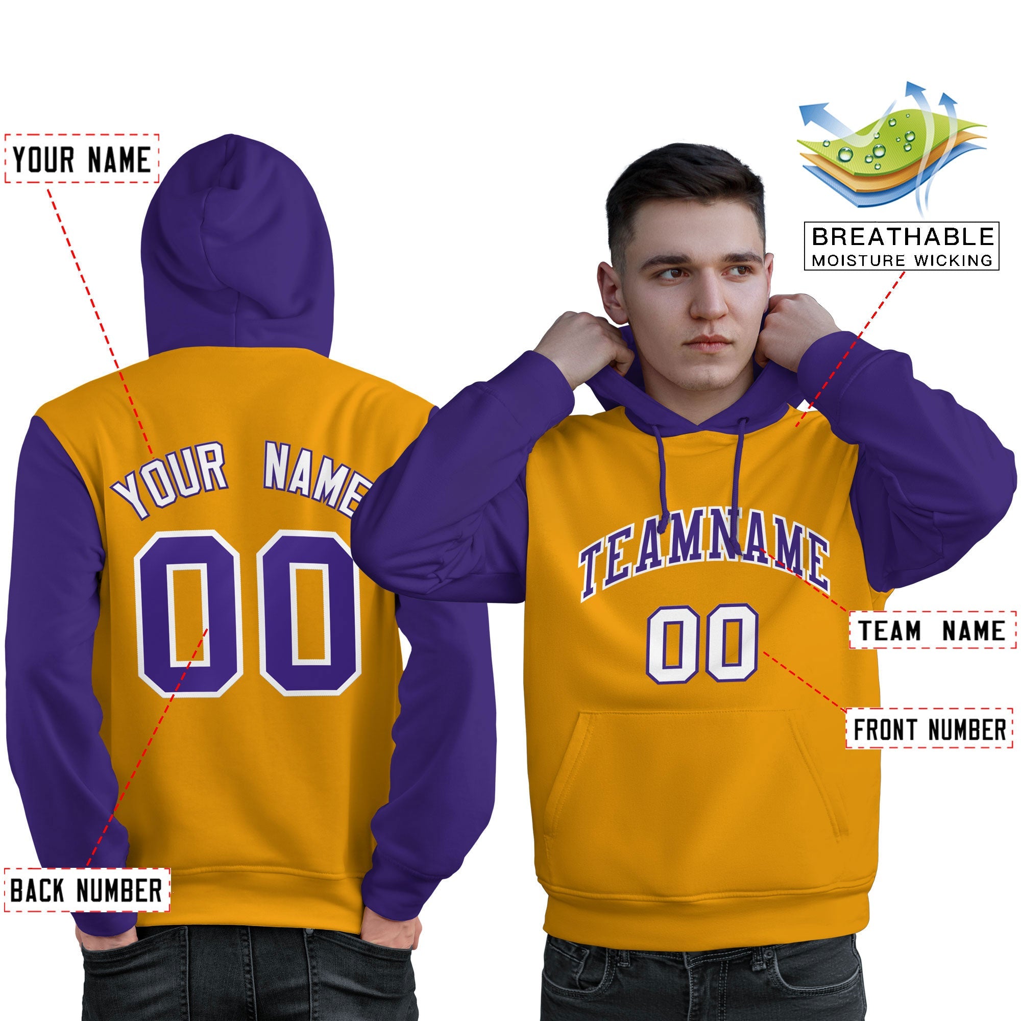 Custom Gold Purple-White Raglan Sleeves Pullover Personalized Sweatshirt Hoodie