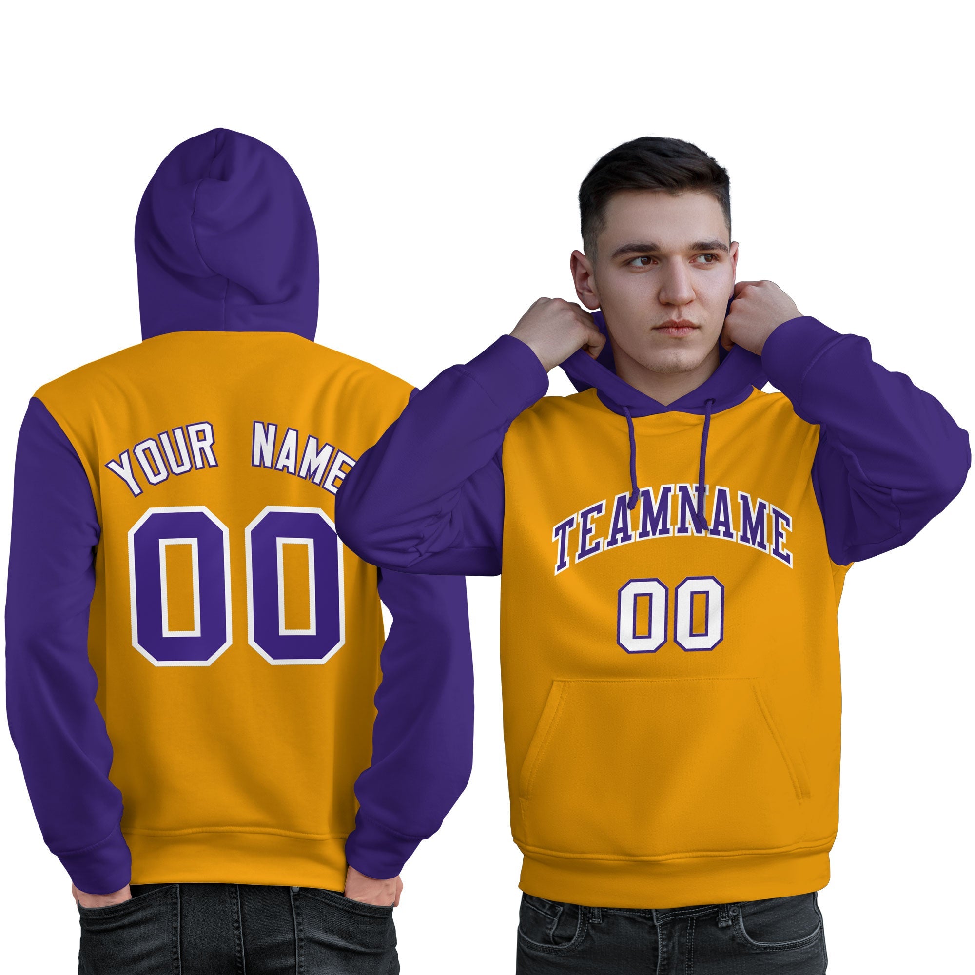 Custom Gold Purple-White Raglan Sleeves Pullover Personalized Sweatshirt Hoodie