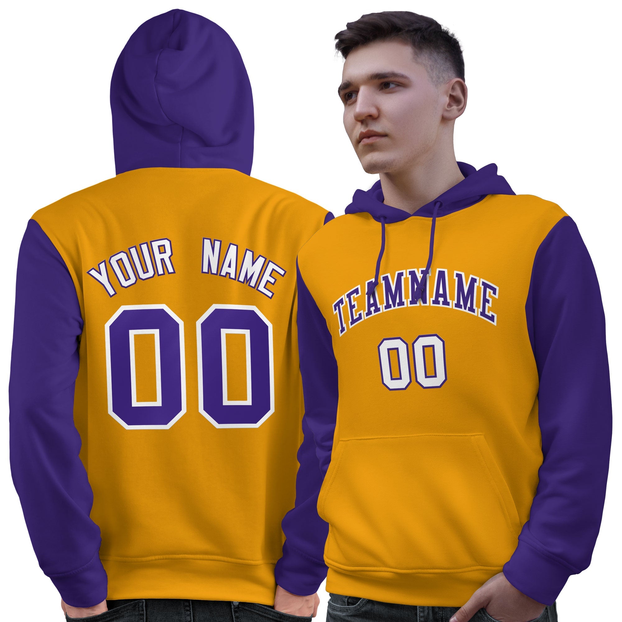 Custom Gold Purple-White Raglan Sleeves Pullover Personalized Sweatshirt Hoodie