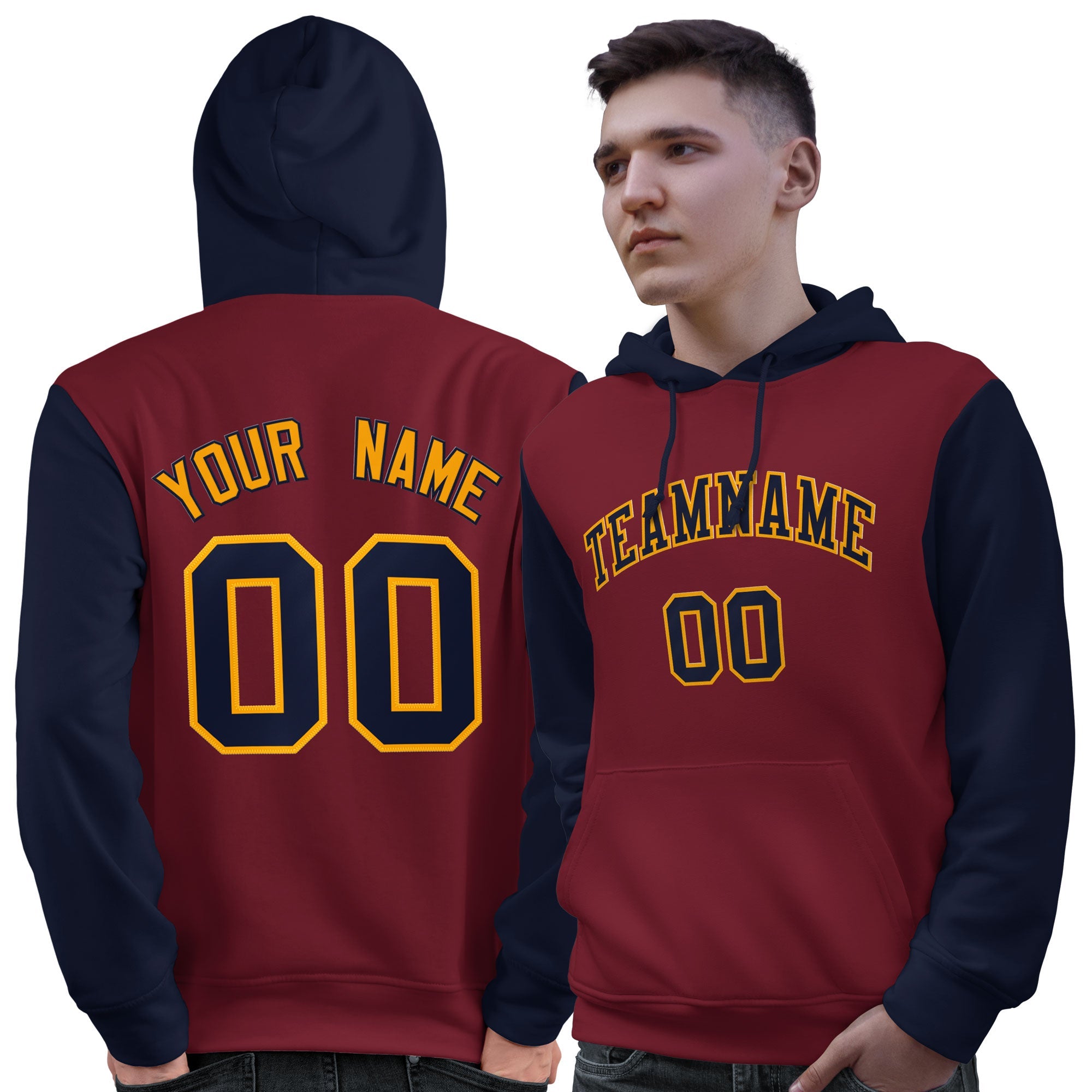 Custom Crimson Navy-Gold Raglan Sleeves Pullover Personalized Sweatshirt Hoodie