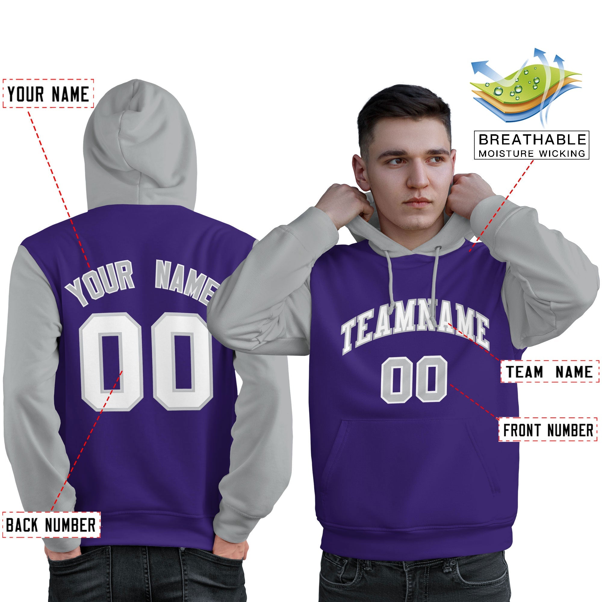 Custom Purple White-Gray Raglan Sleeves Pullover Personalized Sweatshirt Hoodie