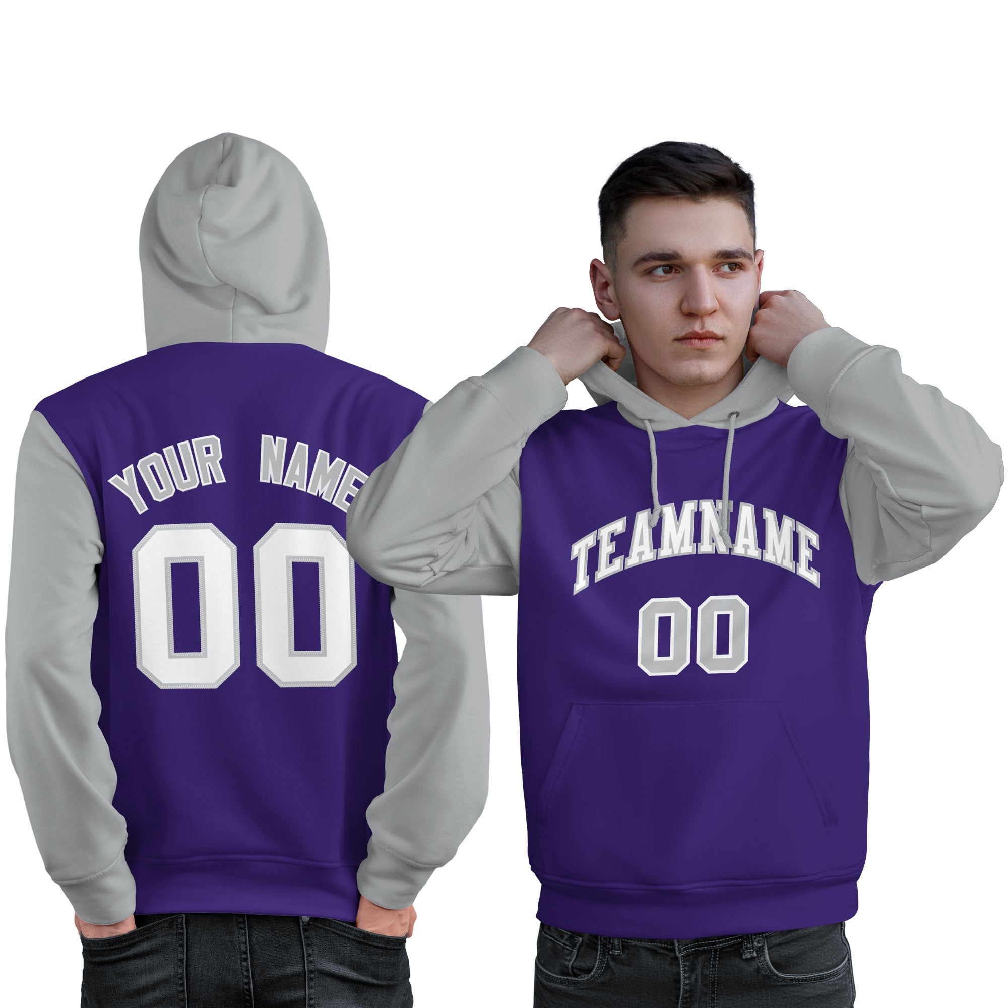 Custom Purple White-Gray Raglan Sleeves Pullover Personalized Sweatshirt Hoodie