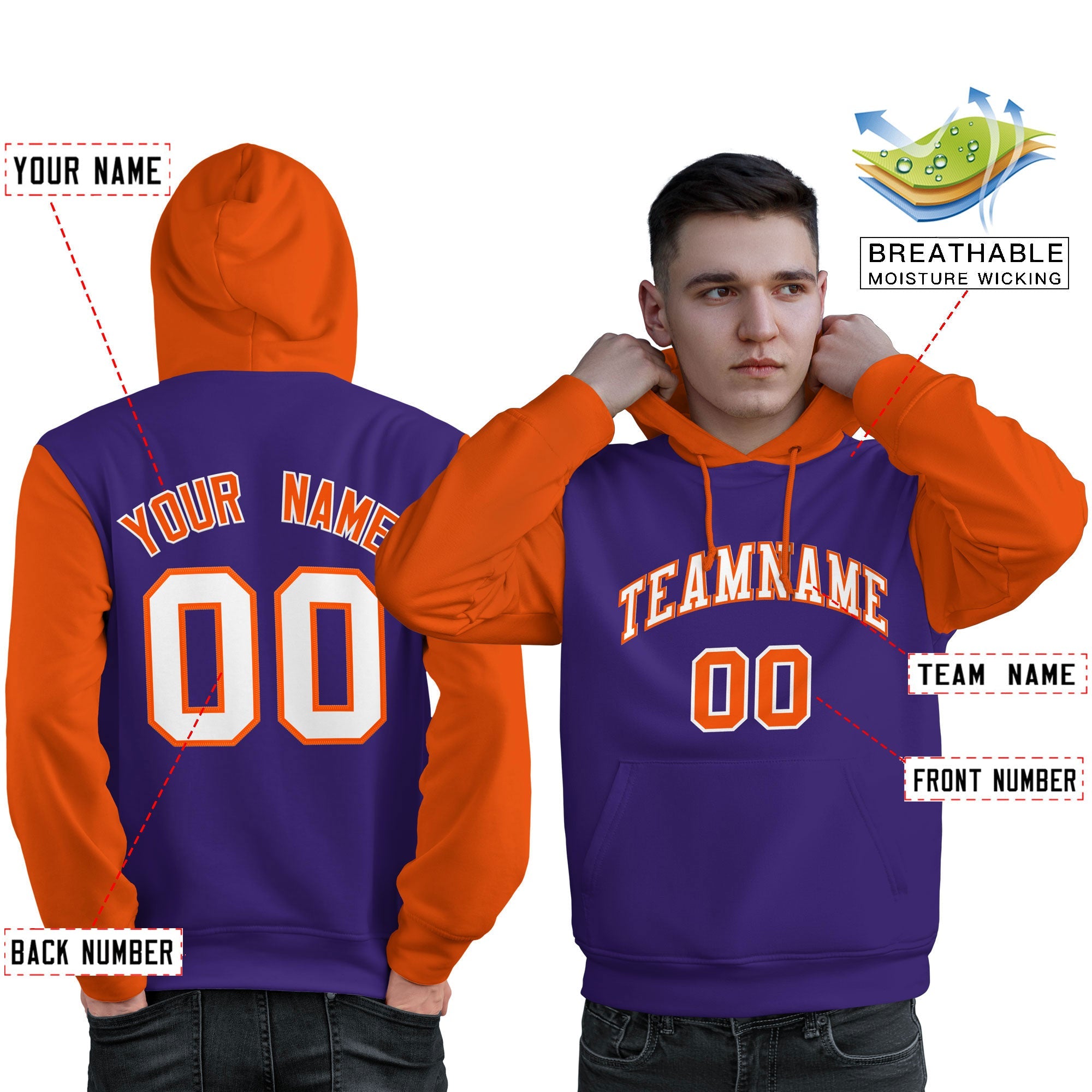 Custom Purple White-Orange Raglan Sleeves Pullover Personalized Sweatshirt Hoodie