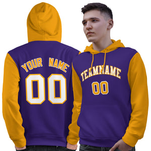 Custom Purple White-Gold Raglan Sleeves Pullover Personalized Sweatshirt Hoodie