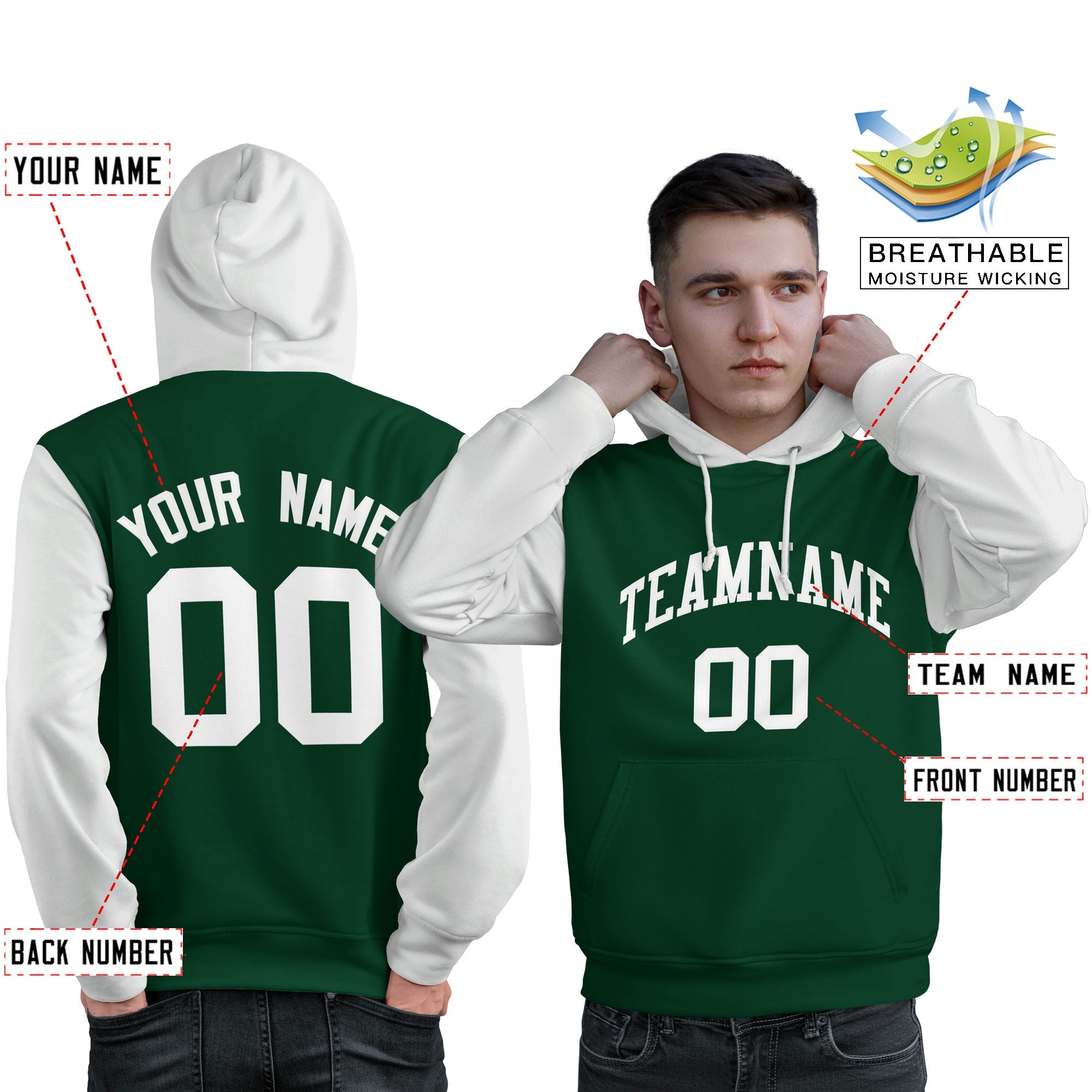 Custom Green White Raglan Sleeves Pullover Personalized Sweatshirt Hoodie