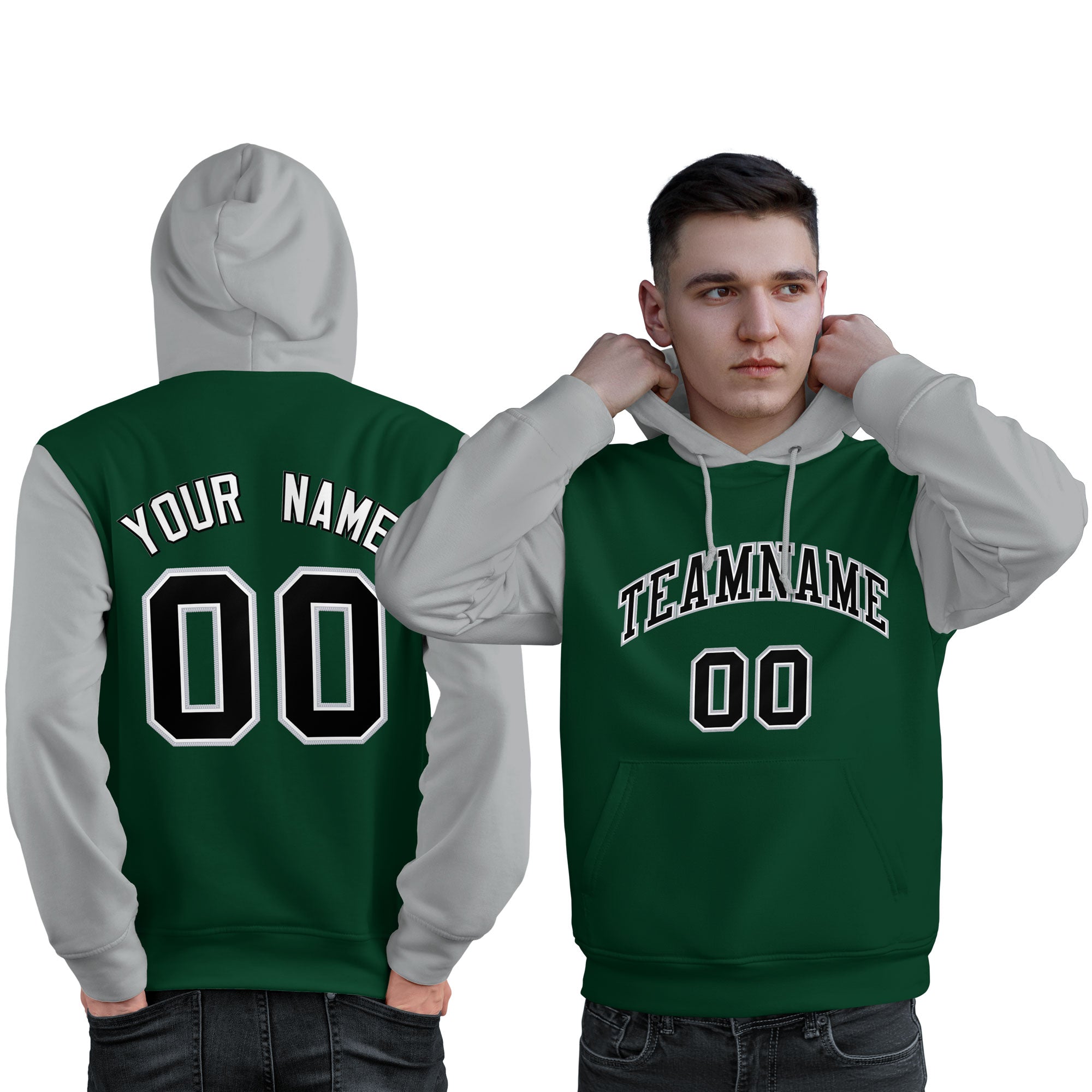 Custom Green Black-Gray Raglan Sleeves Pullover Personalized Sweatshirt Hoodie