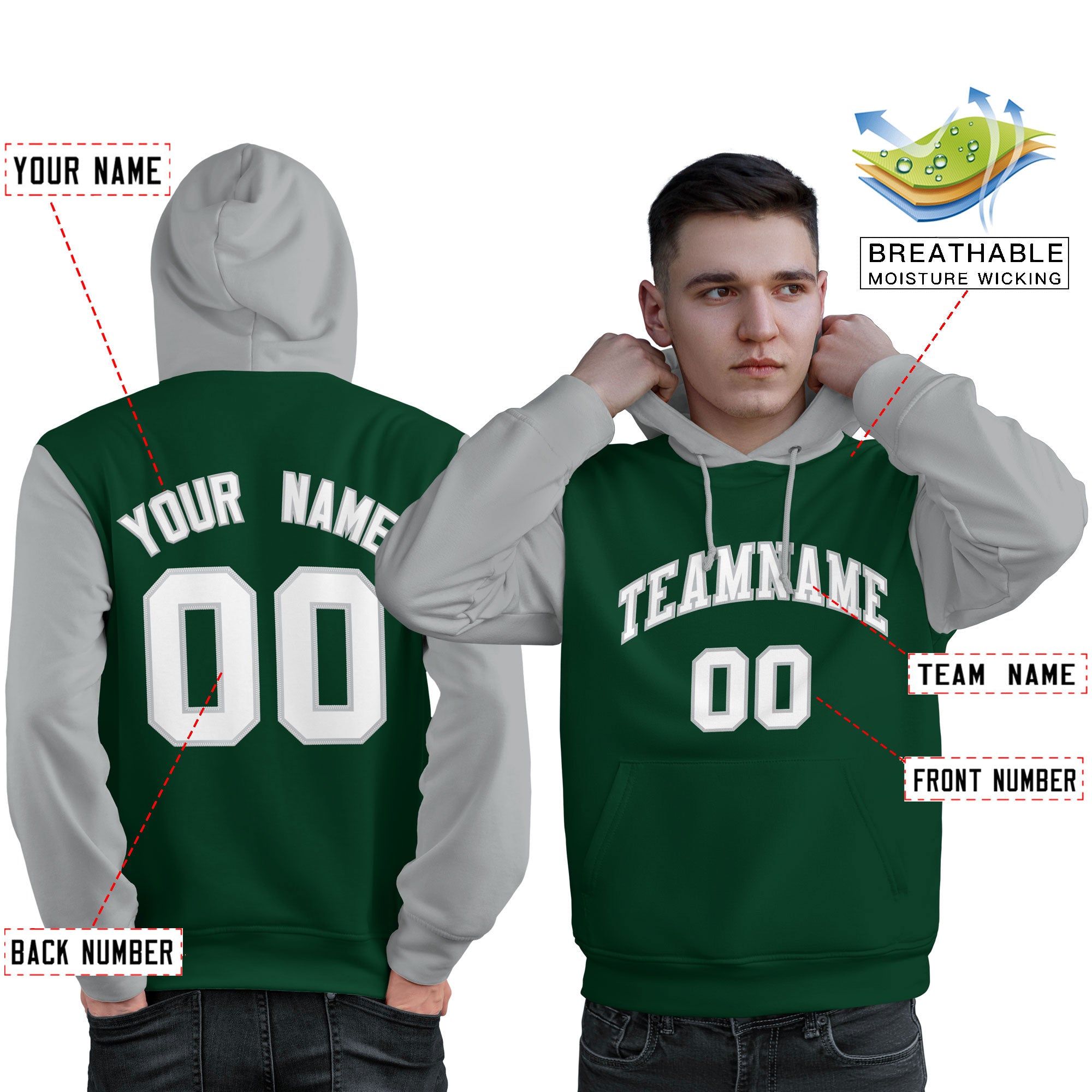 Custom Green White-Gray Raglan Sleeves Pullover Personalized Sweatshirt Hoodie