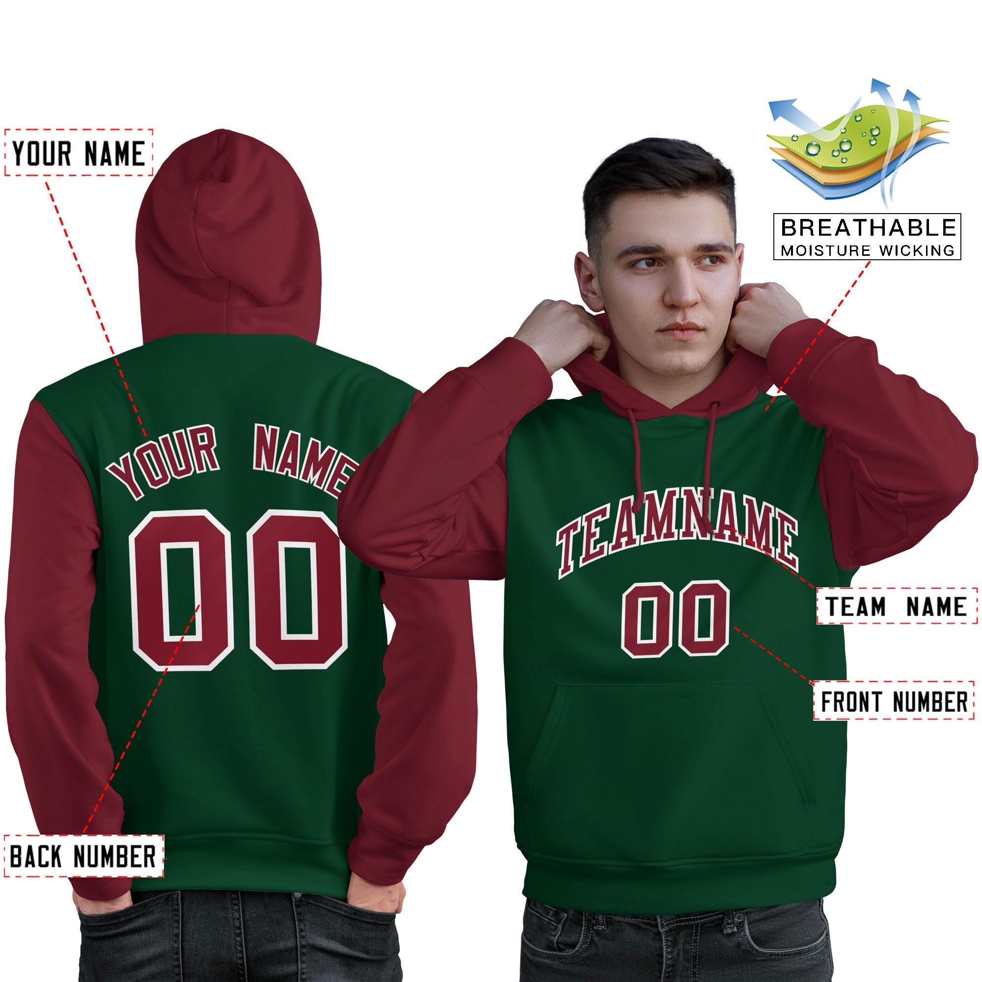 Custom Green Crimson-White Raglan Sleeves Pullover Personalized Sweatshirt Hoodie