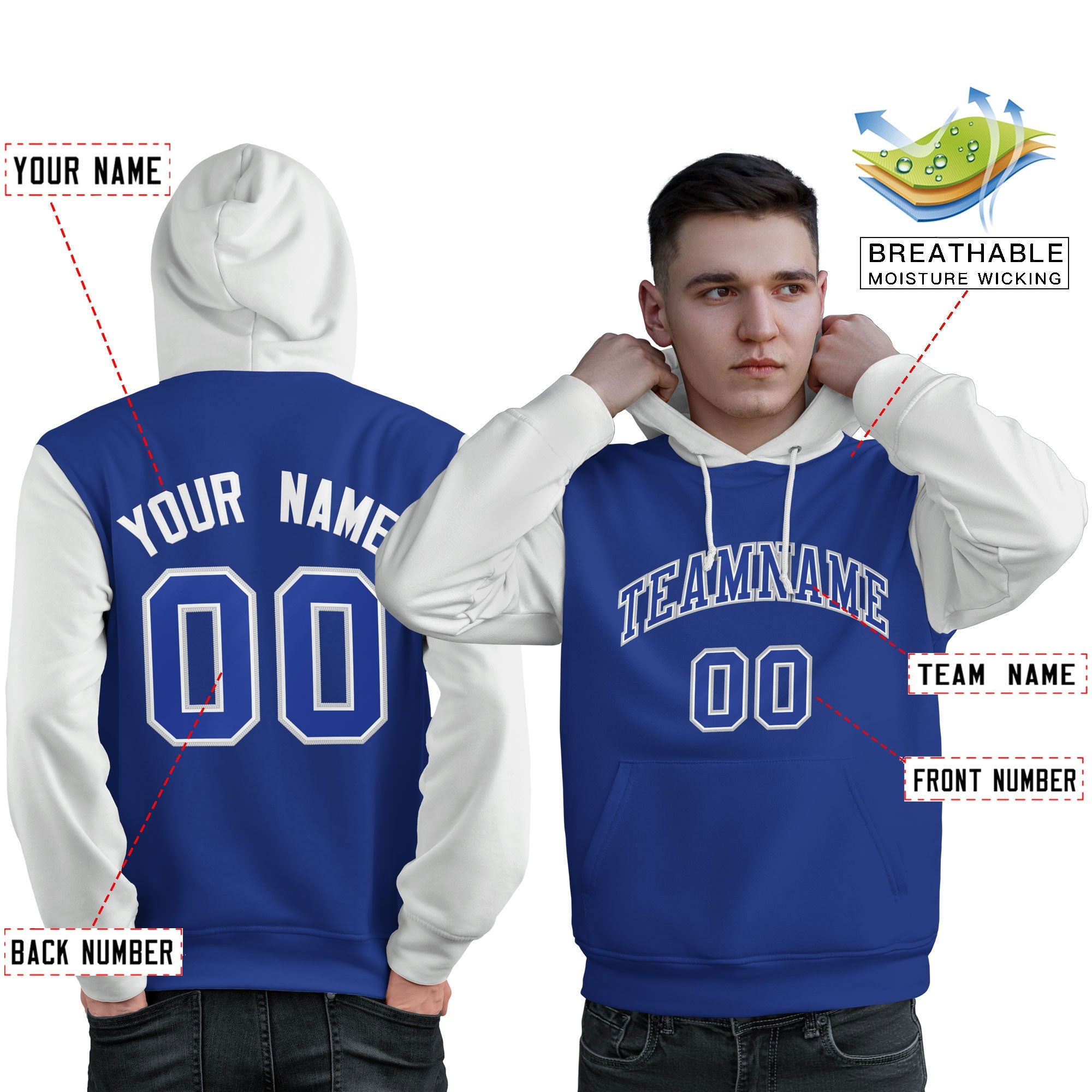 Custom Royal White-Gray Raglan Sleeves Pullover Personalized Sweatshirt Hoodie