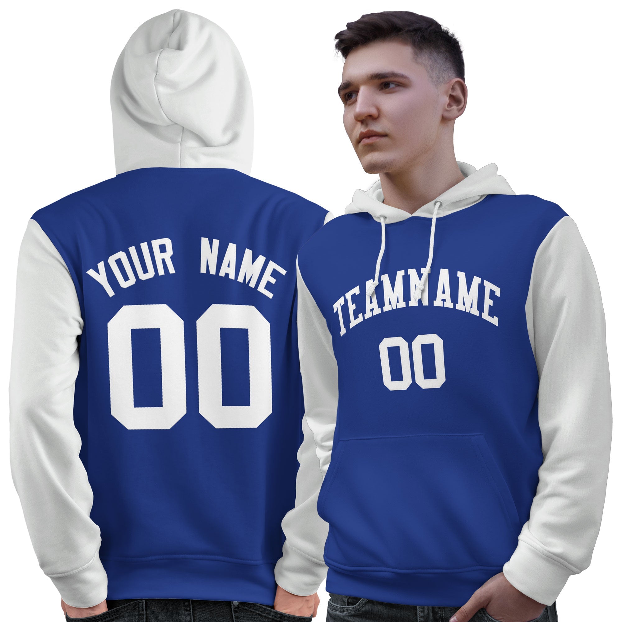 Custom Royal White Raglan Sleeves Pullover Personalized Sweatshirt Hoodie