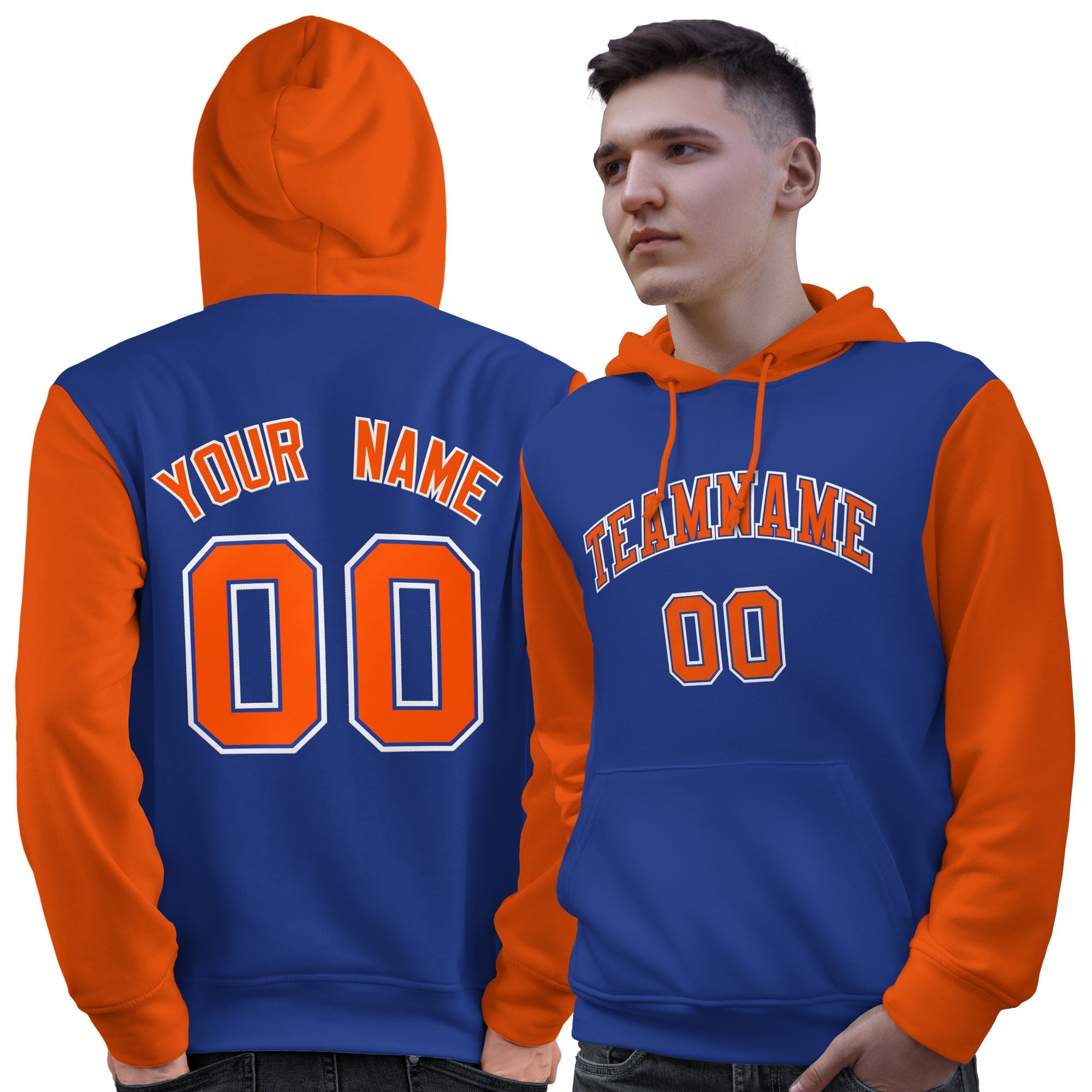 Custom Royal Orange-White Raglan Sleeves Pullover Personalized Sweatshirt Hoodie