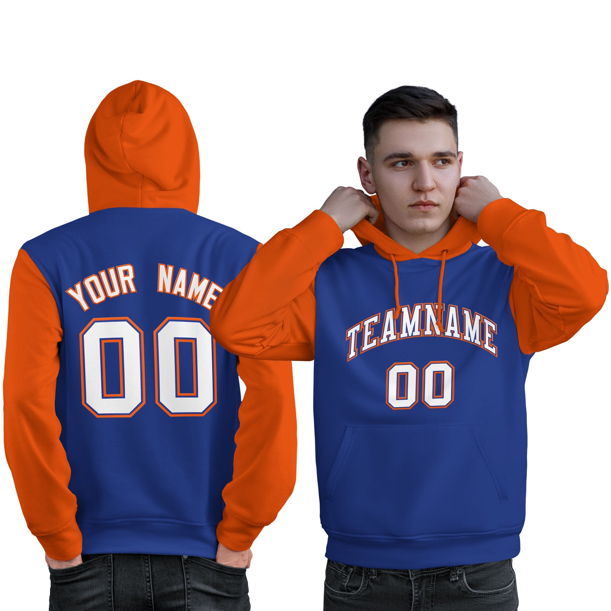 Custom Royal White-Orange Raglan Sleeves Pullover Personalized Sweatshirt Hoodie