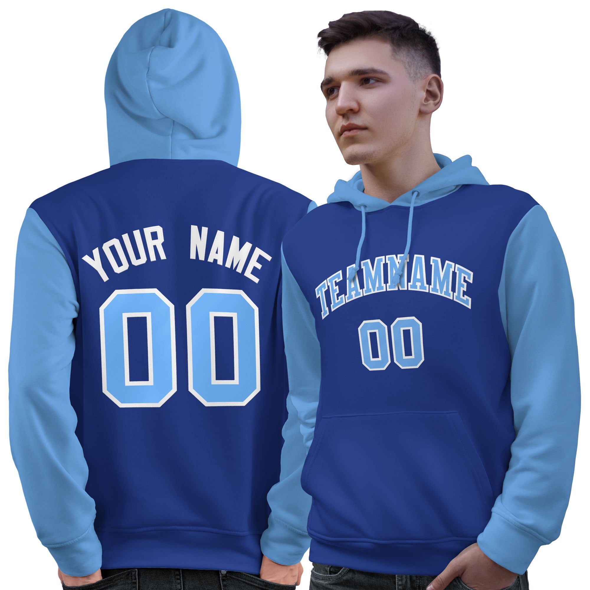 Custom Royal Light Blue-White Raglan Sleeves Pullover Personalized Sweatshirt Hoodie