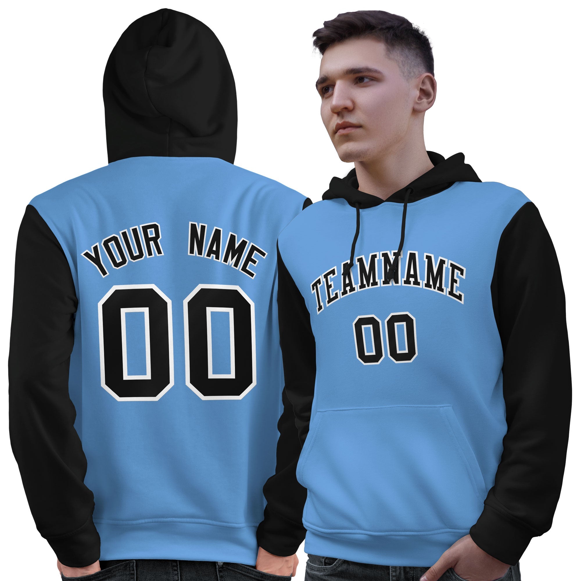 Custom Light Blue Black-White Raglan Sleeves Pullover Personalized Sweatshirt Hoodie