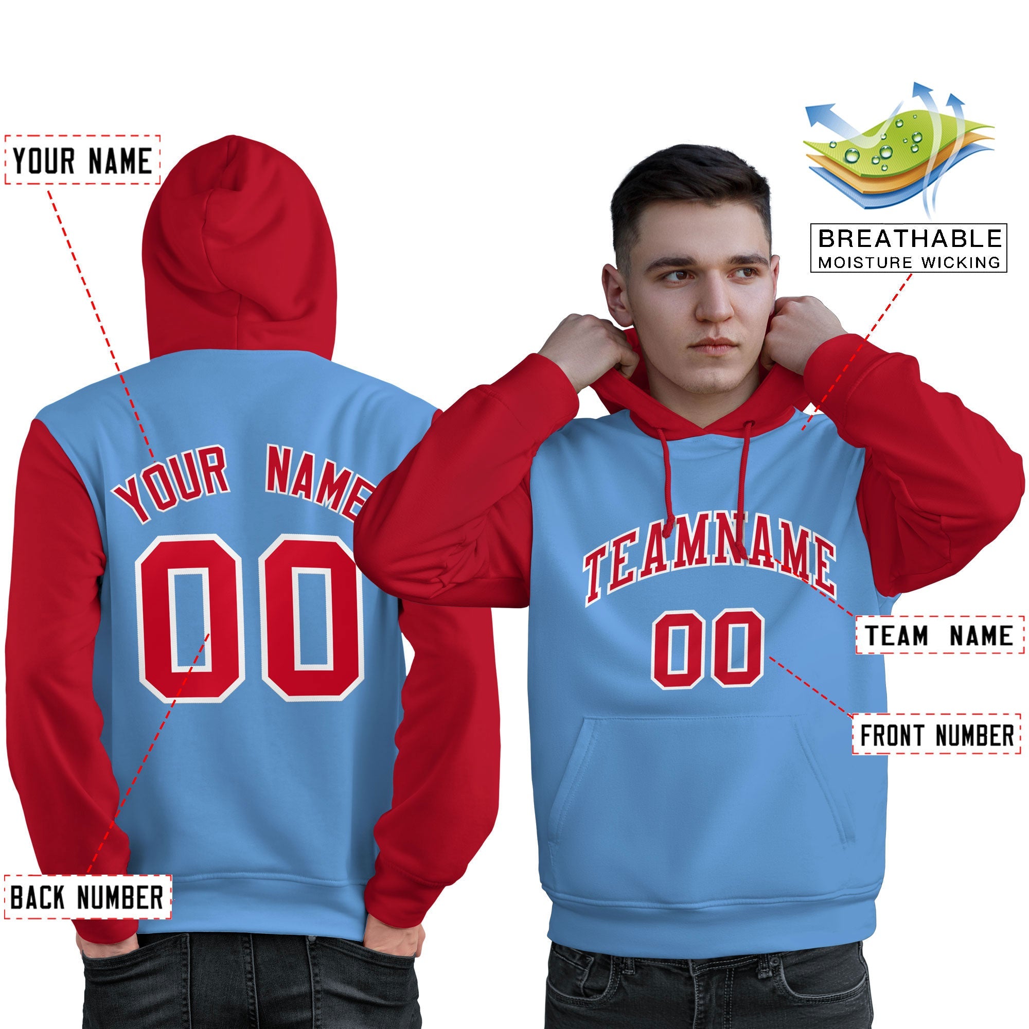 Custom Light Blue Red-White Raglan Sleeves Pullover Personalized Sweatshirt Hoodie