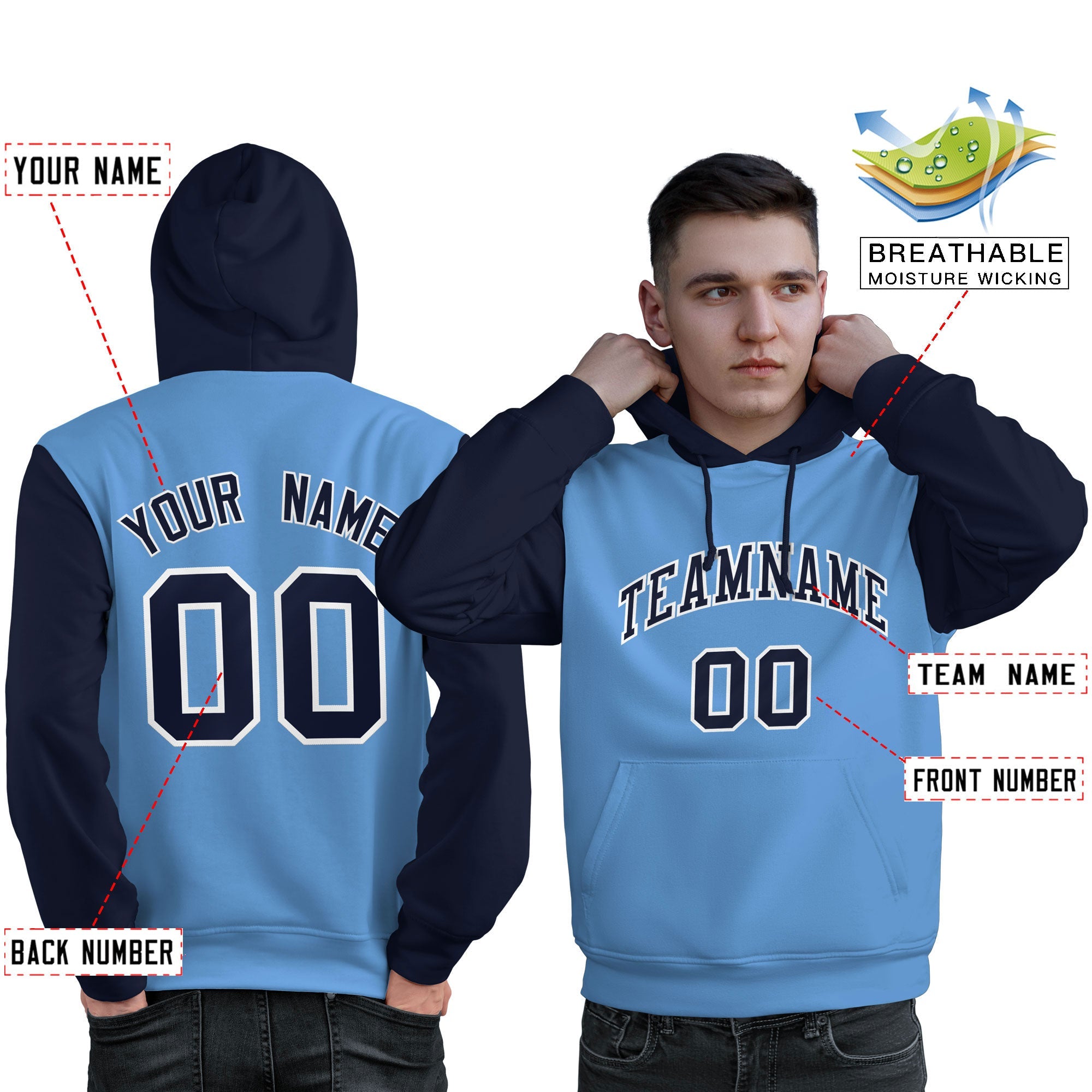 Custom Light Blue Navy-White Raglan Sleeves Pullover Personalized Sweatshirt Hoodie