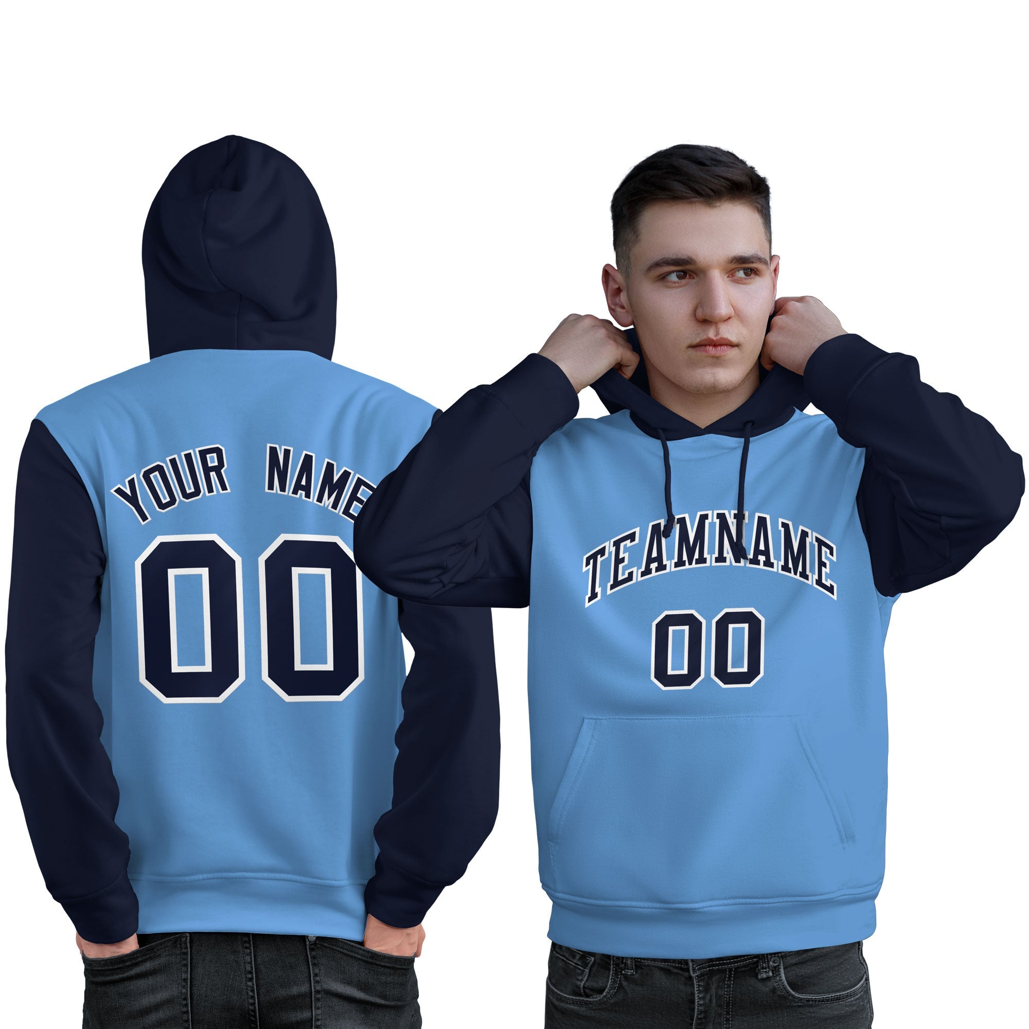 Custom Light Blue Navy-White Raglan Sleeves Pullover Personalized Sweatshirt Hoodie