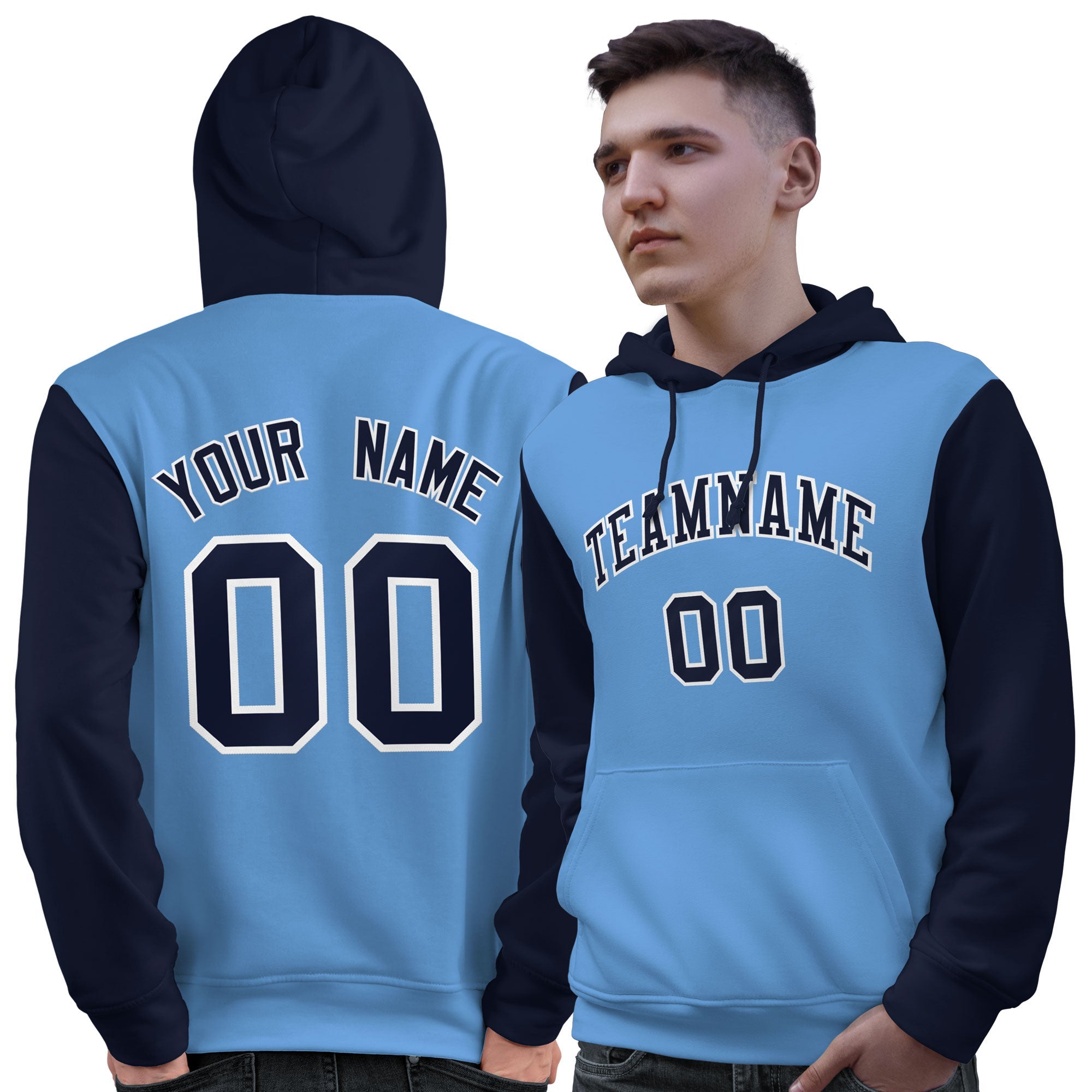 Custom Light Blue Navy-White Raglan Sleeves Pullover Personalized Sweatshirt Hoodie