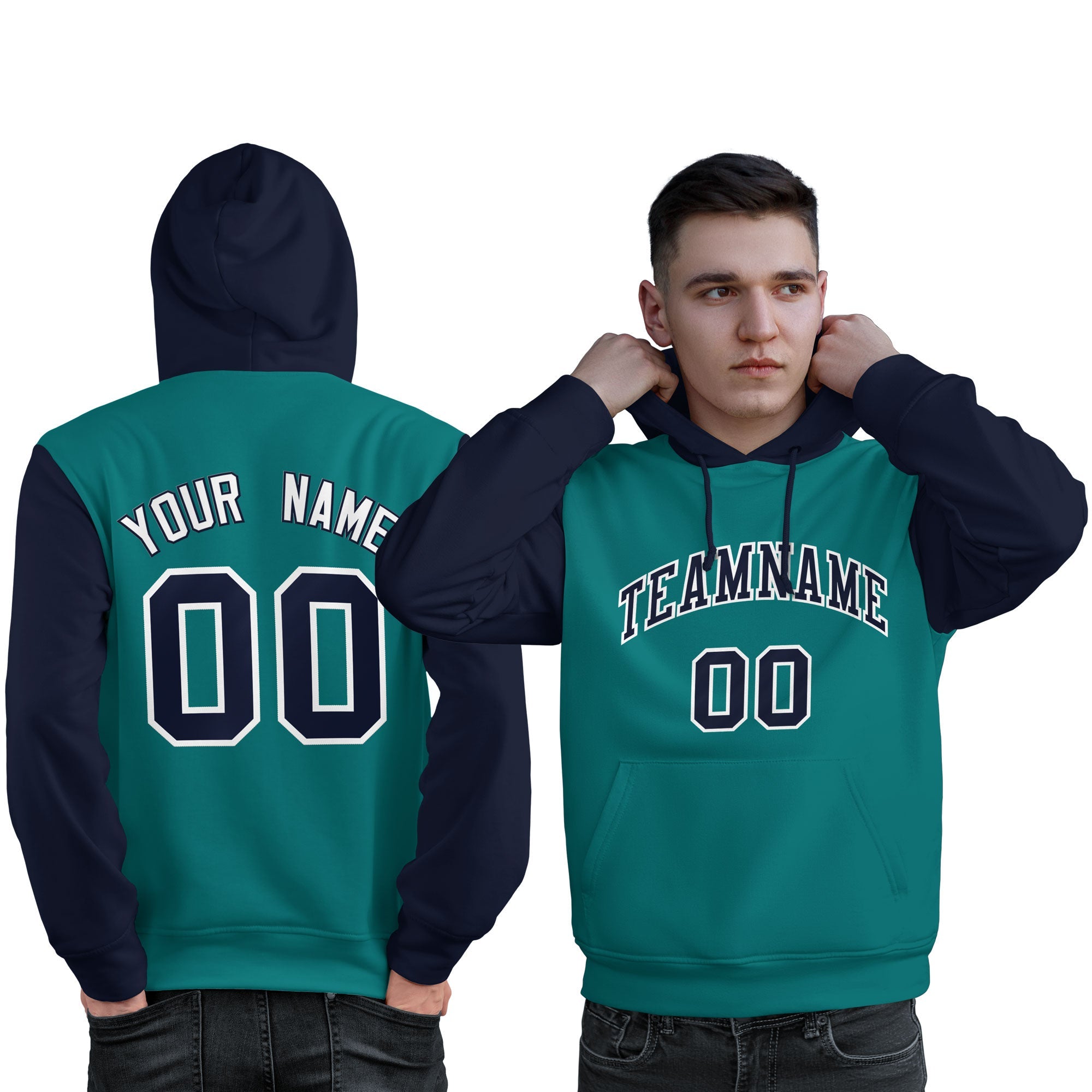 Custom Aqua Navy-White Raglan Sleeves Pullover Personalized Sweatshirt Hoodie