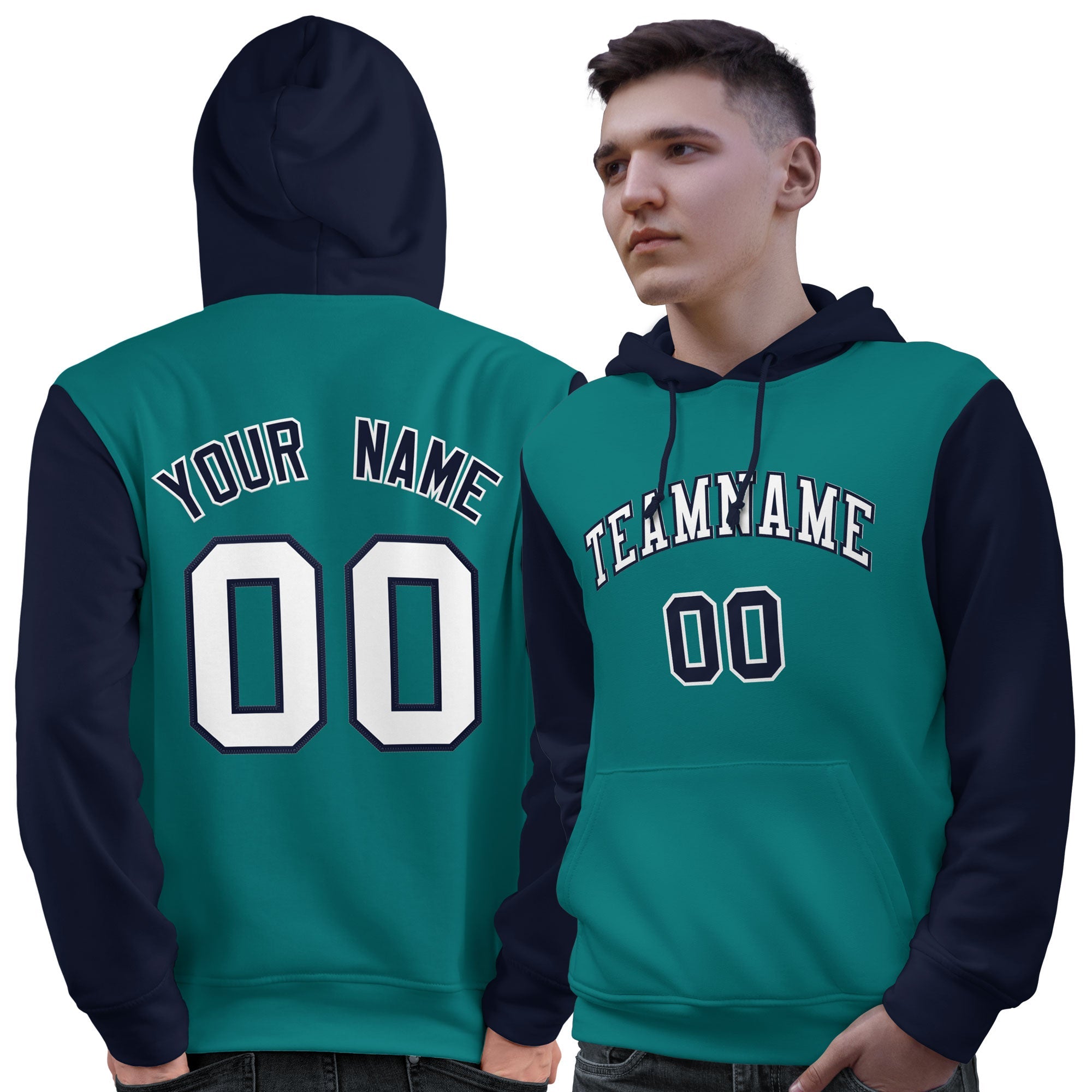 Custom Aqua White-Navy Raglan Sleeves Pullover Personalized Sweatshirt Hoodie