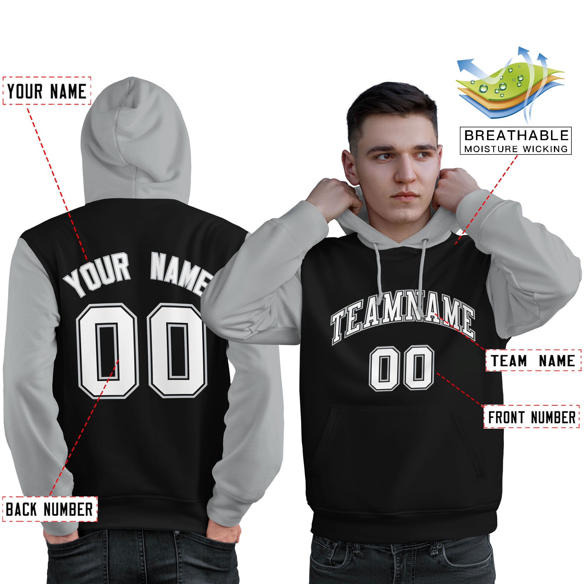 Custom Black White-Gray Raglan Sleeves Pullover Personalized Sweatshirt Hoodie