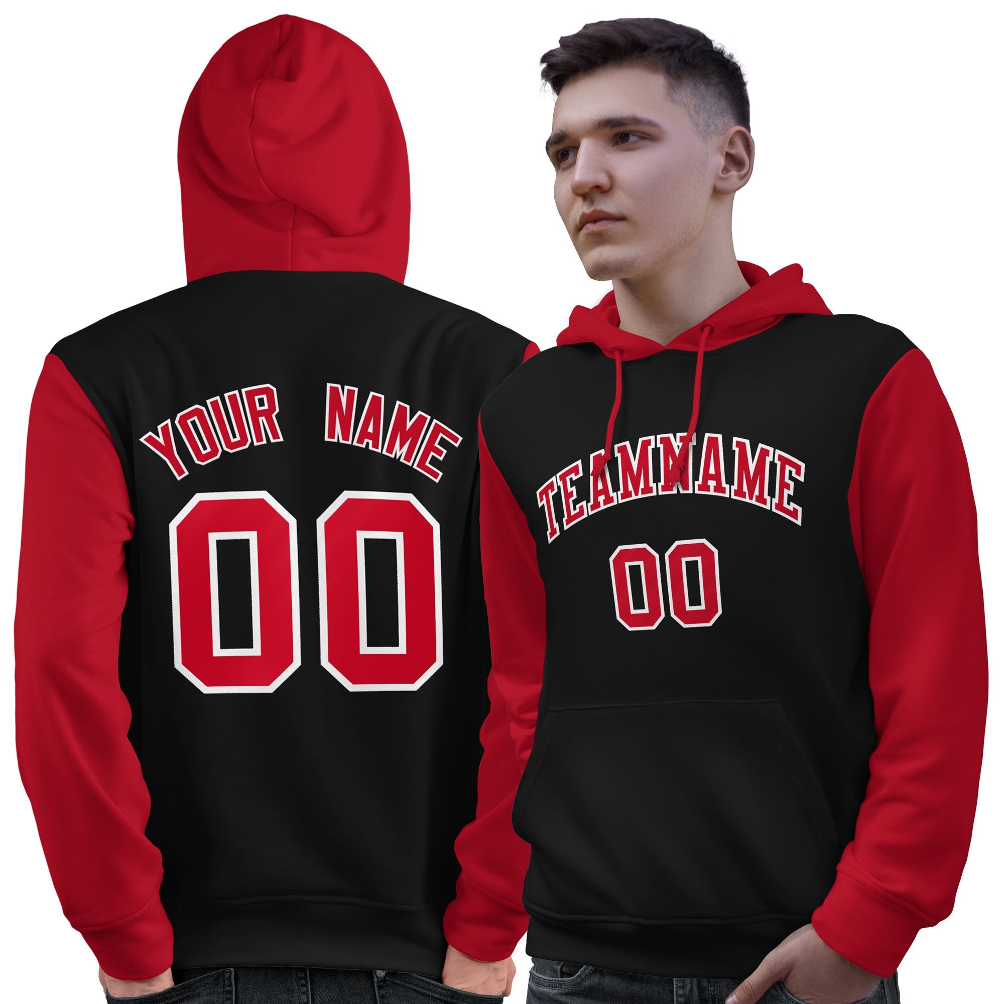 Custom Black Red-White Raglan Sleeves Pullover Personalized Sweatshirt Hoodie