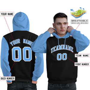 Custom Black Light Blue-White Raglan Sleeves Pullover Personalized Sweatshirt Hoodie