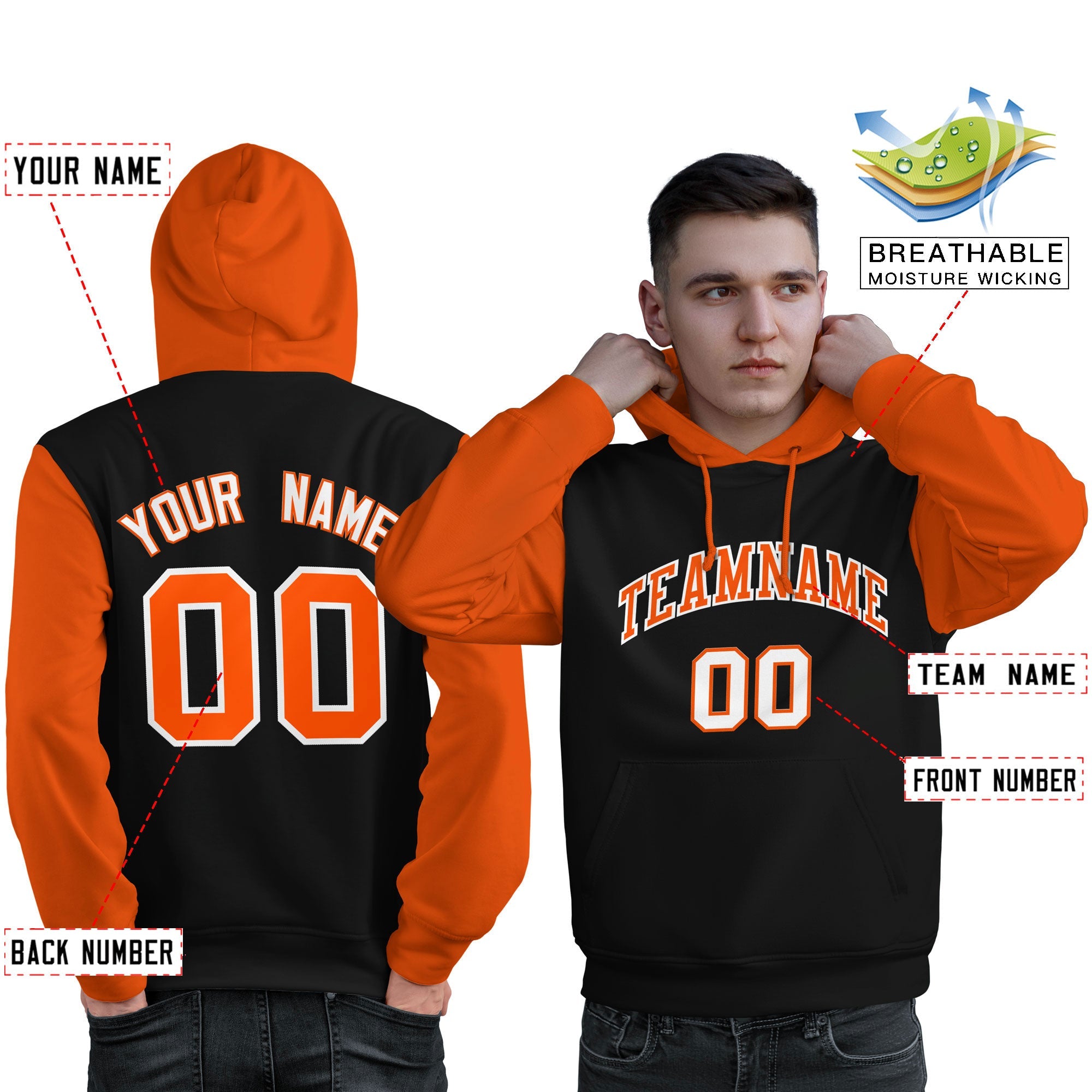 Custom Black Orange-White Raglan Sleeves Pullover Personalized Sweatshirt Hoodie