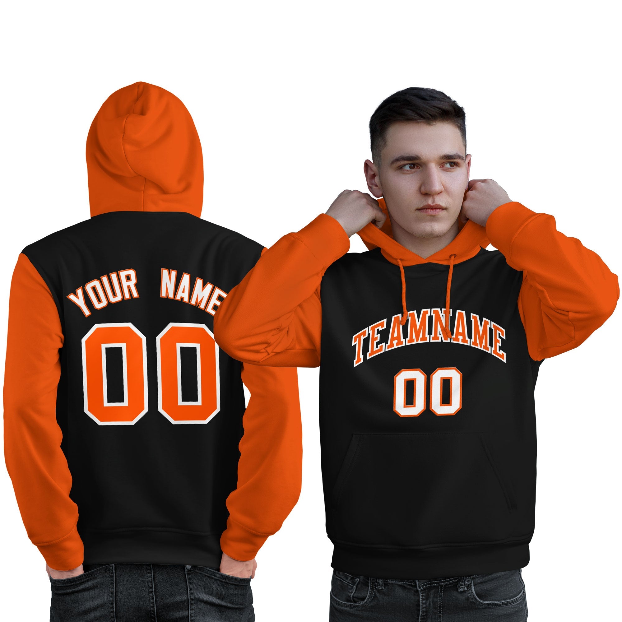 Custom Black Orange-White Raglan Sleeves Pullover Personalized Sweatshirt Hoodie