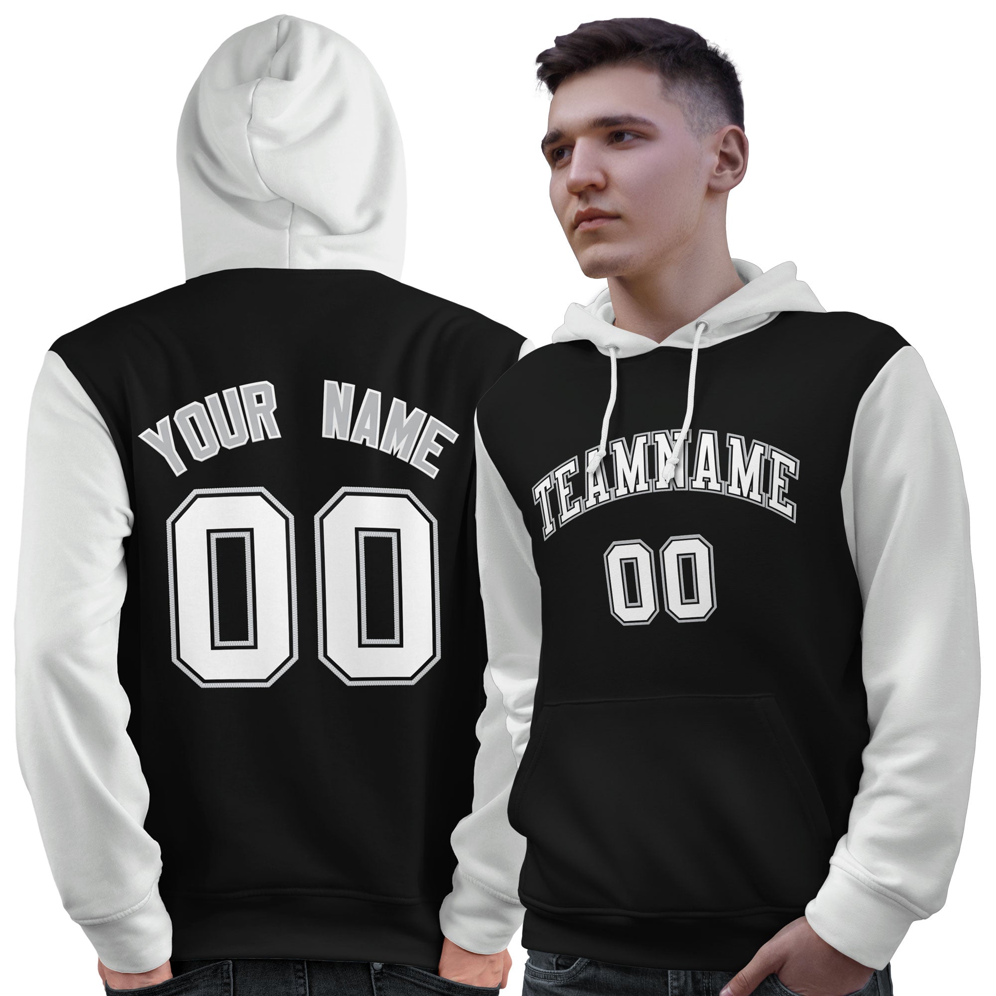 Custom Black White-Gray Raglan Sleeves Pullover Personalized Sweatshirt Hoodie