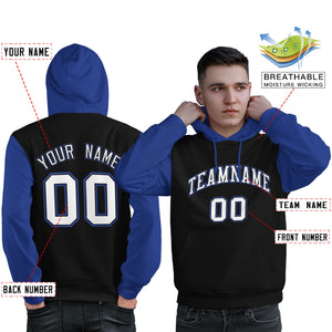 Custom Black White-Royal Raglan Sleeves Pullover Personalized Sweatshirt Hoodie