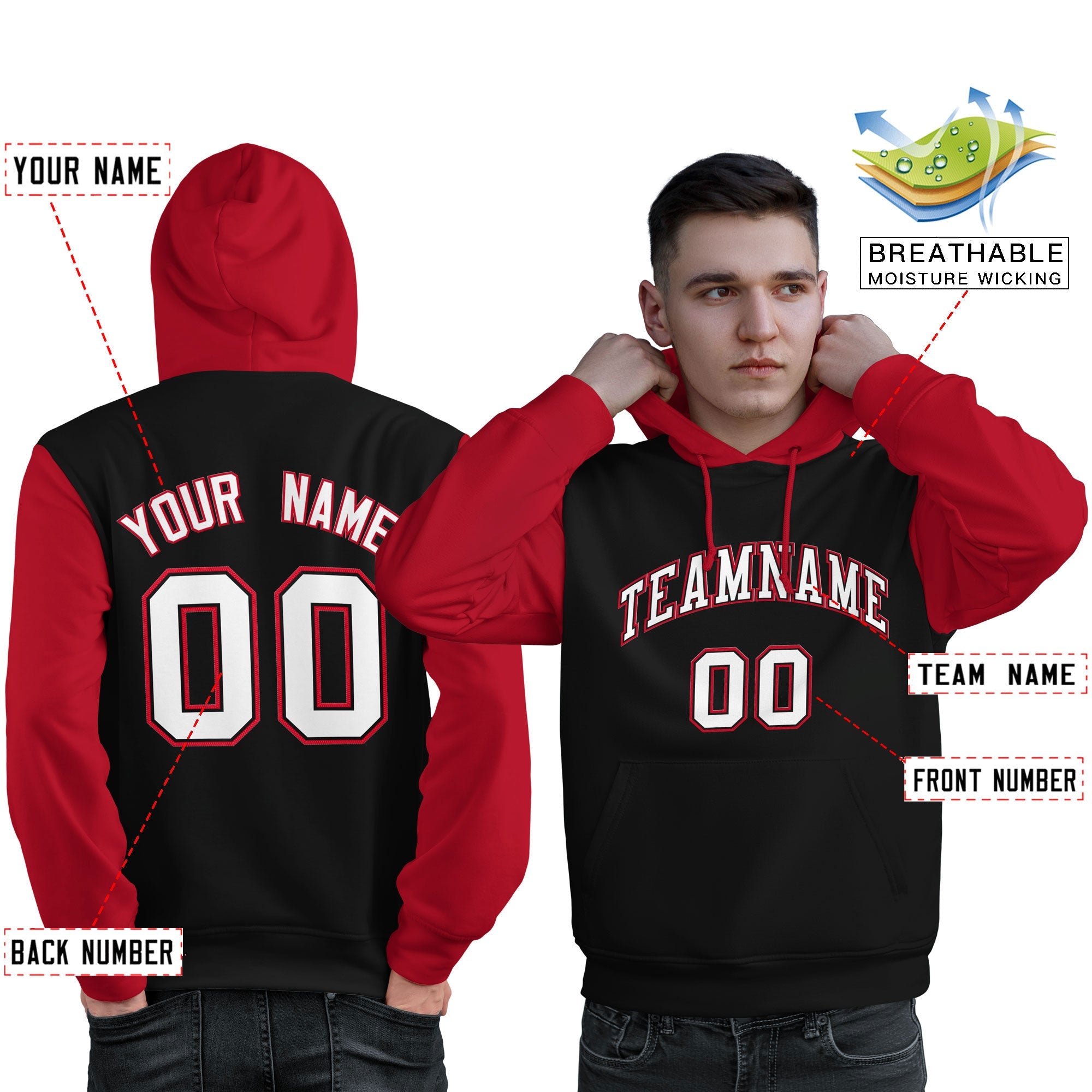 Custom Black White-Red Raglan Sleeves Pullover Personalized Sweatshirt Hoodie