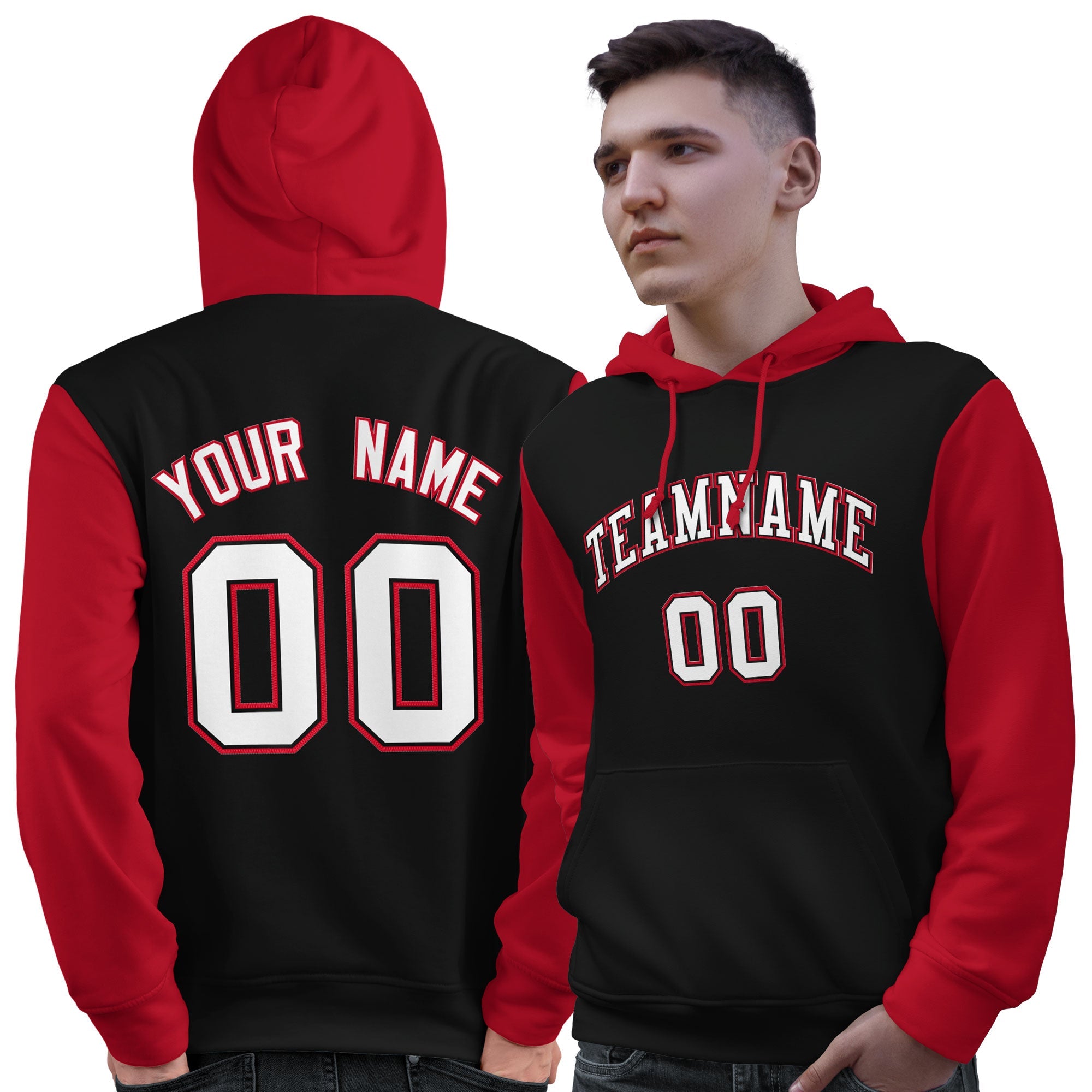 Custom Black White-Red Raglan Sleeves Pullover Personalized Sweatshirt Hoodie