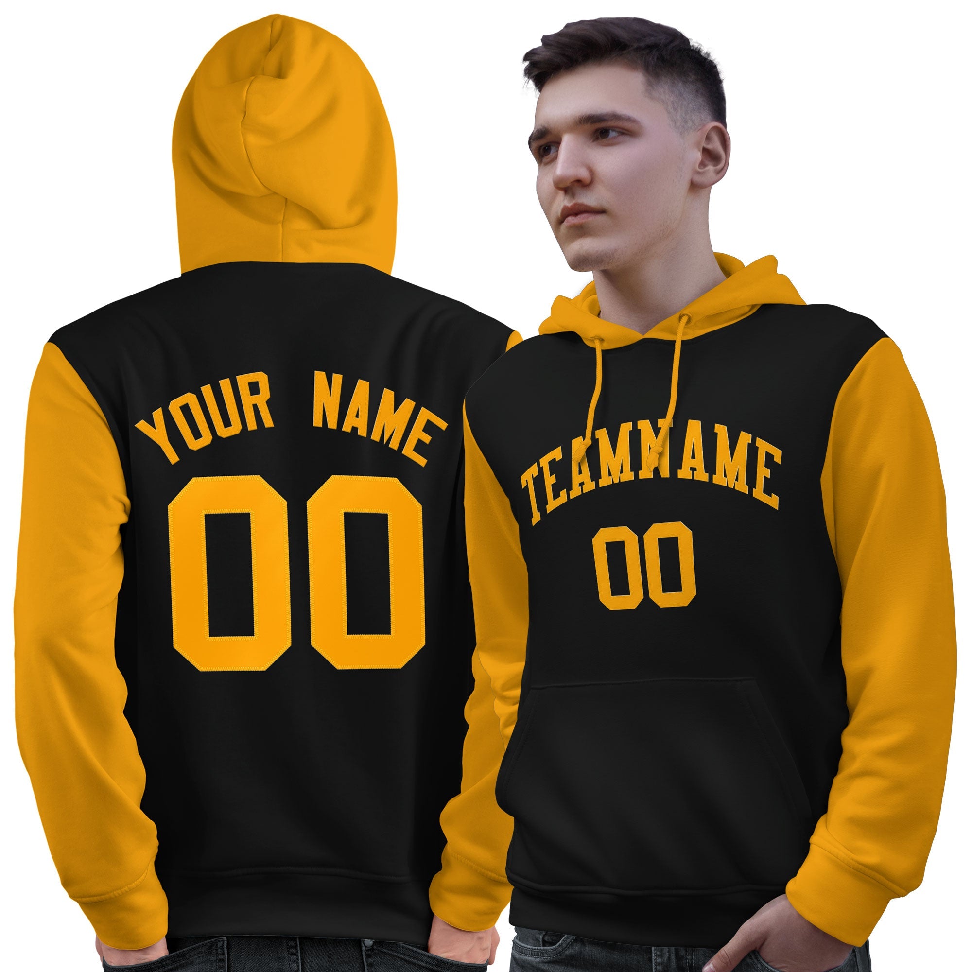 Custom Black Gold Raglan Sleeves Pullover Personalized Sweatshirt Hoodie