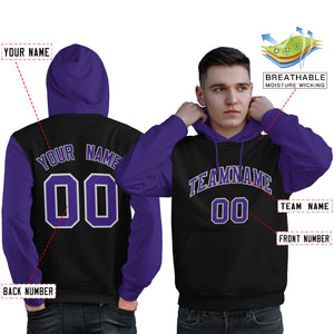 Custom Black Purple-Gray Raglan Sleeves Pullover Personalized Sweatshirt Hoodie