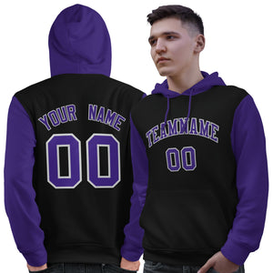 Custom Black Purple-Gray Raglan Sleeves Pullover Personalized Sweatshirt Hoodie