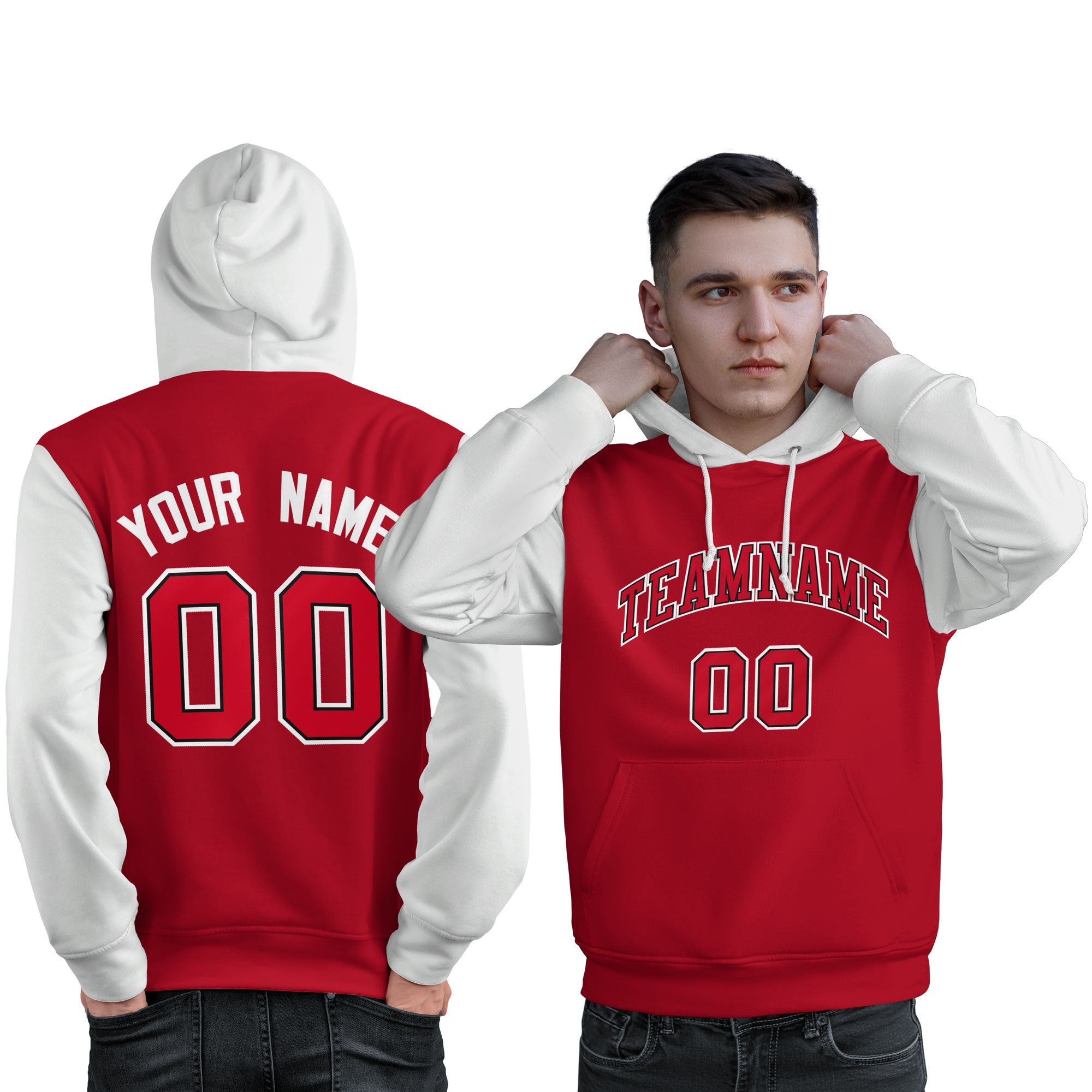 Custom Red Black-White Raglan Sleeves Pullover Personalized Sweatshirt Hoodie