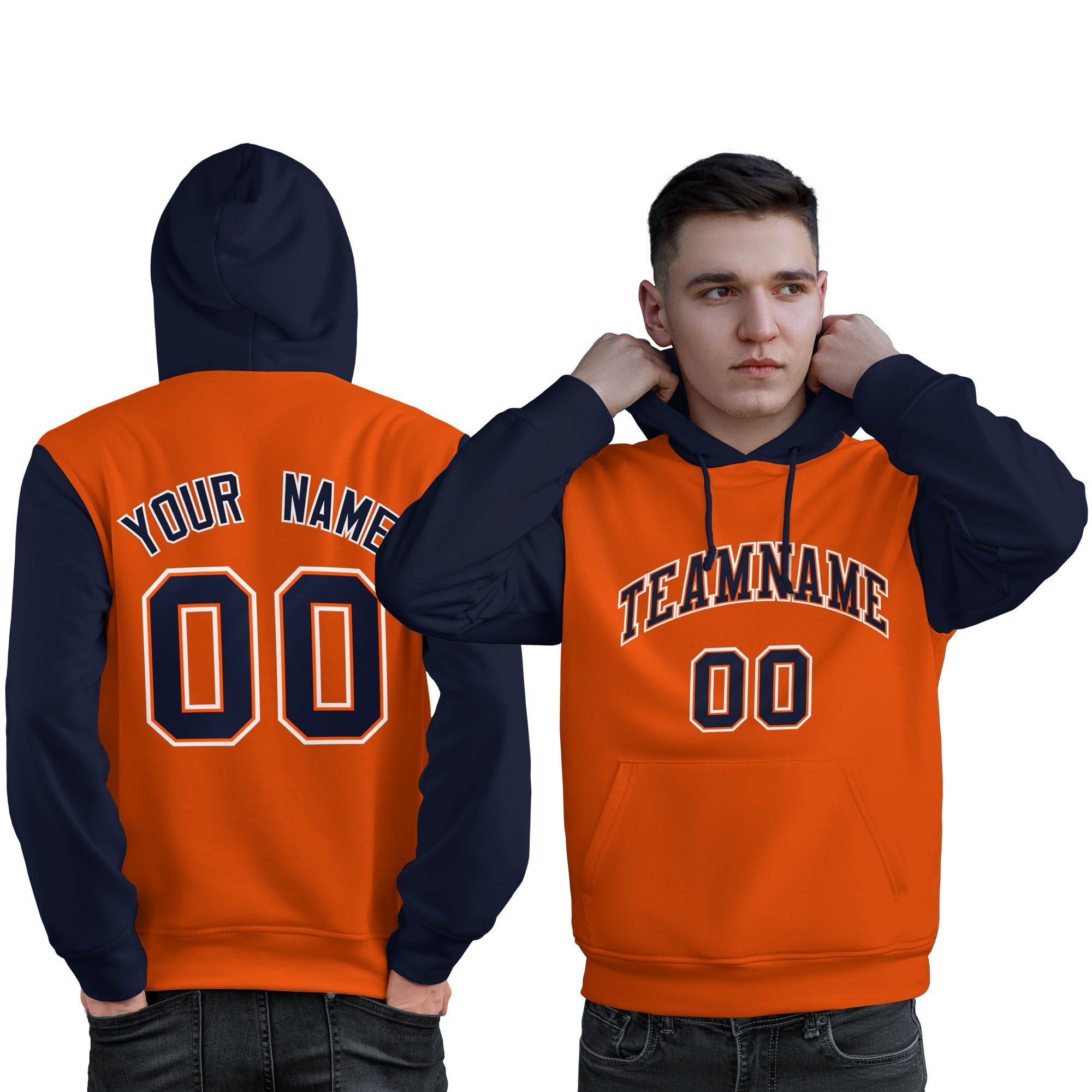 Custom Orange Navy-White Raglan Sleeves Pullover Personalized Sweatshirt Hoodie