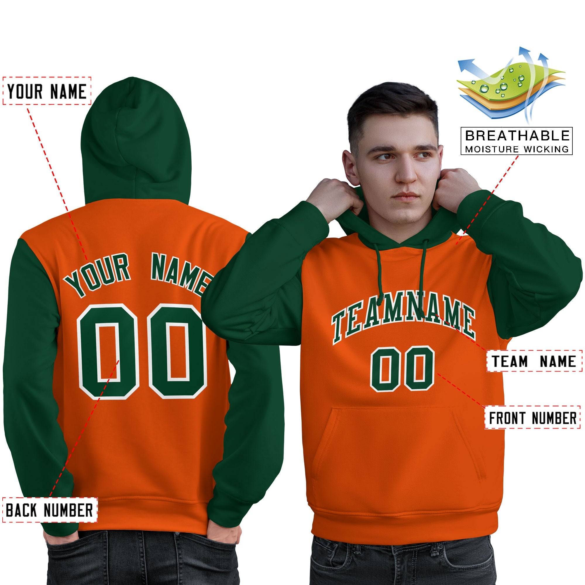 Custom Orange Green-White Raglan Sleeves Pullover Personalized Sweatshirt Hoodie