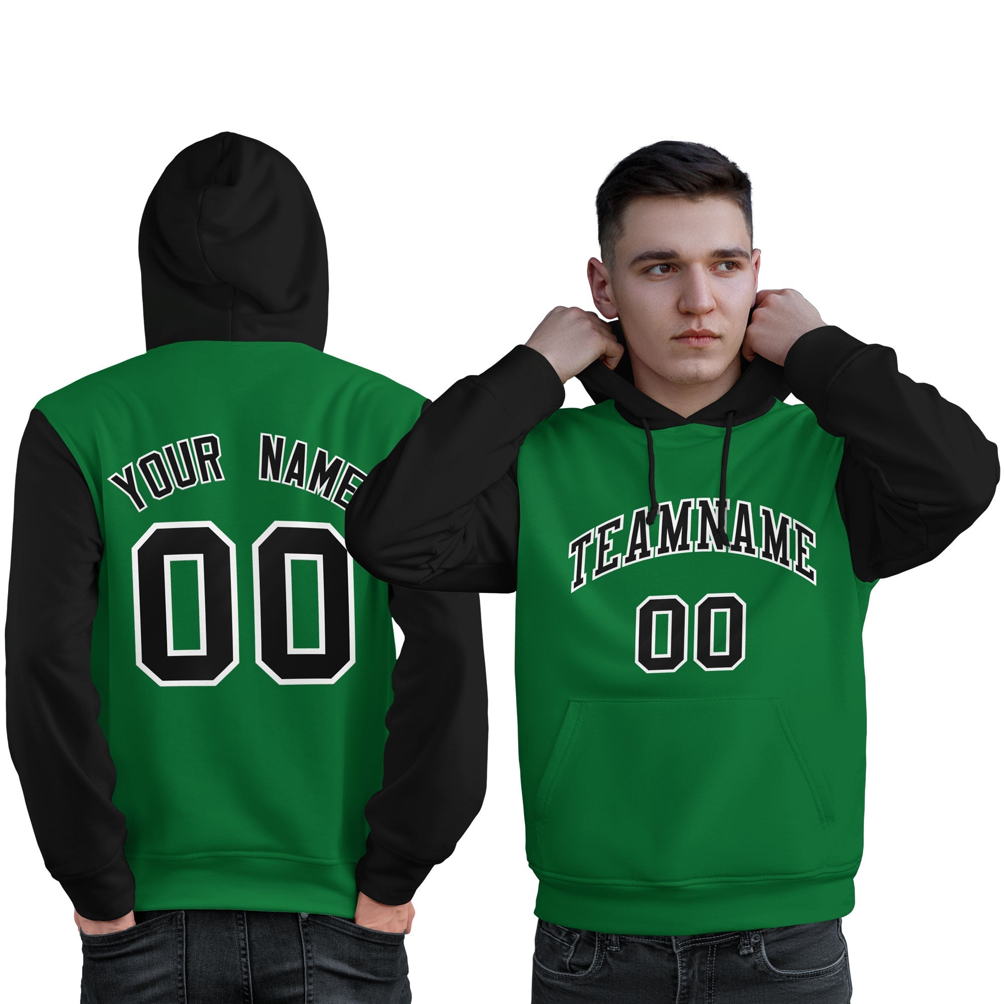 Custom Kelly Green Black-White Raglan Sleeves Pullover Personalized Sweatshirt Hoodie