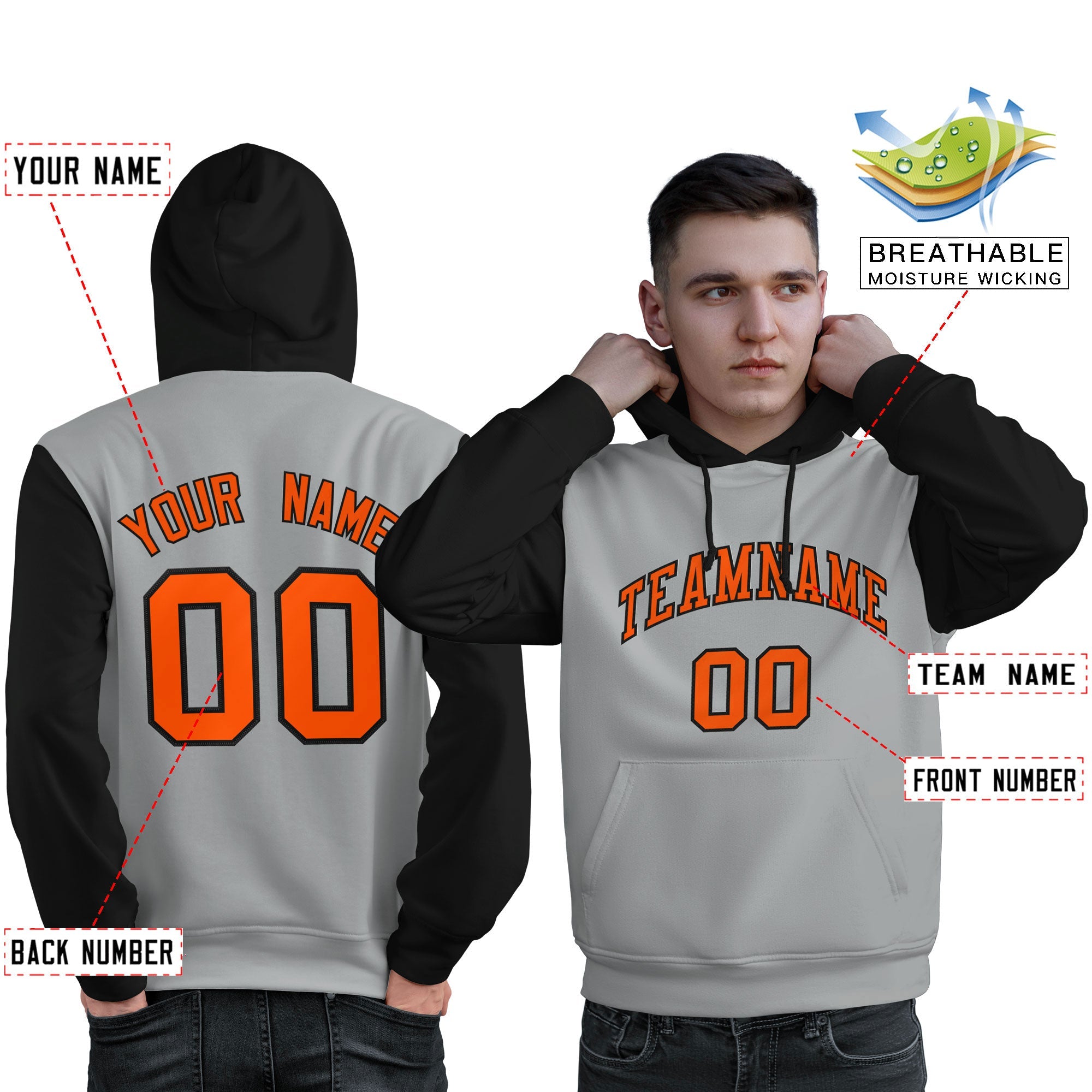 Custom Gray Orange-Black Raglan Sleeves Pullover Personalized Sweatshirt Hoodie