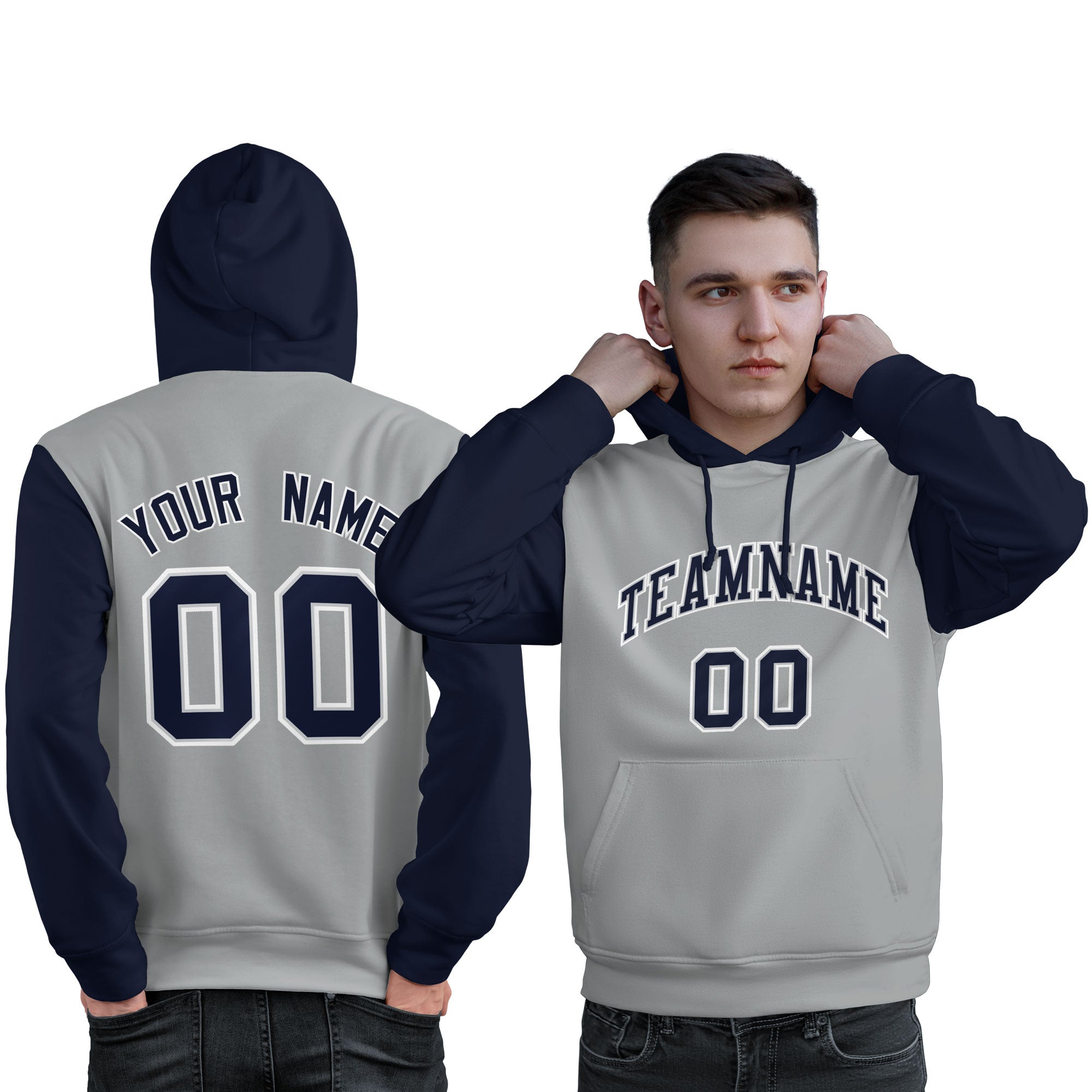 Custom Gray Navy-White Raglan Sleeves Pullover Personalized Sweatshirt Hoodie