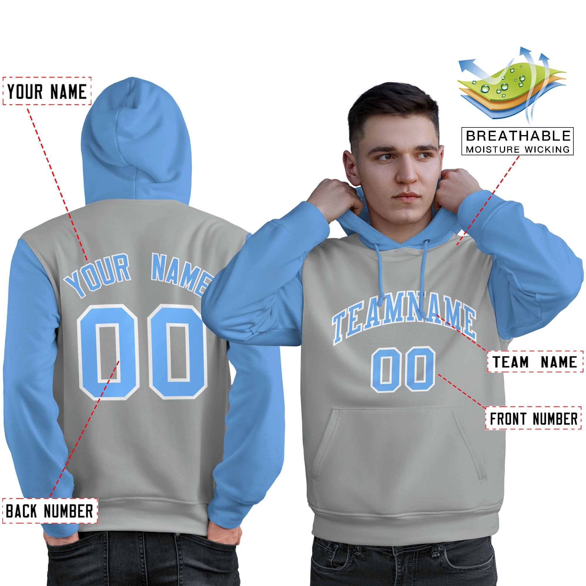 Custom Gray Light Blue-White Raglan Sleeves Pullover Personalized Sweatshirt Hoodie