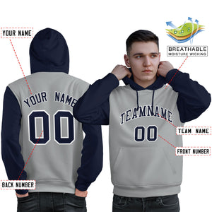 Custom Gray Navy-White Raglan Sleeves Pullover Personalized Sweatshirt Hoodie