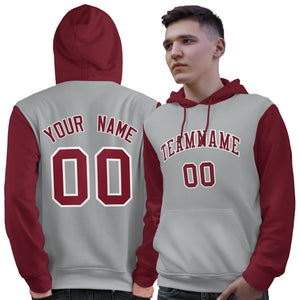 Custom Gray Crimson-White Raglan Sleeves Pullover Personalized Sweatshirt Hoodie