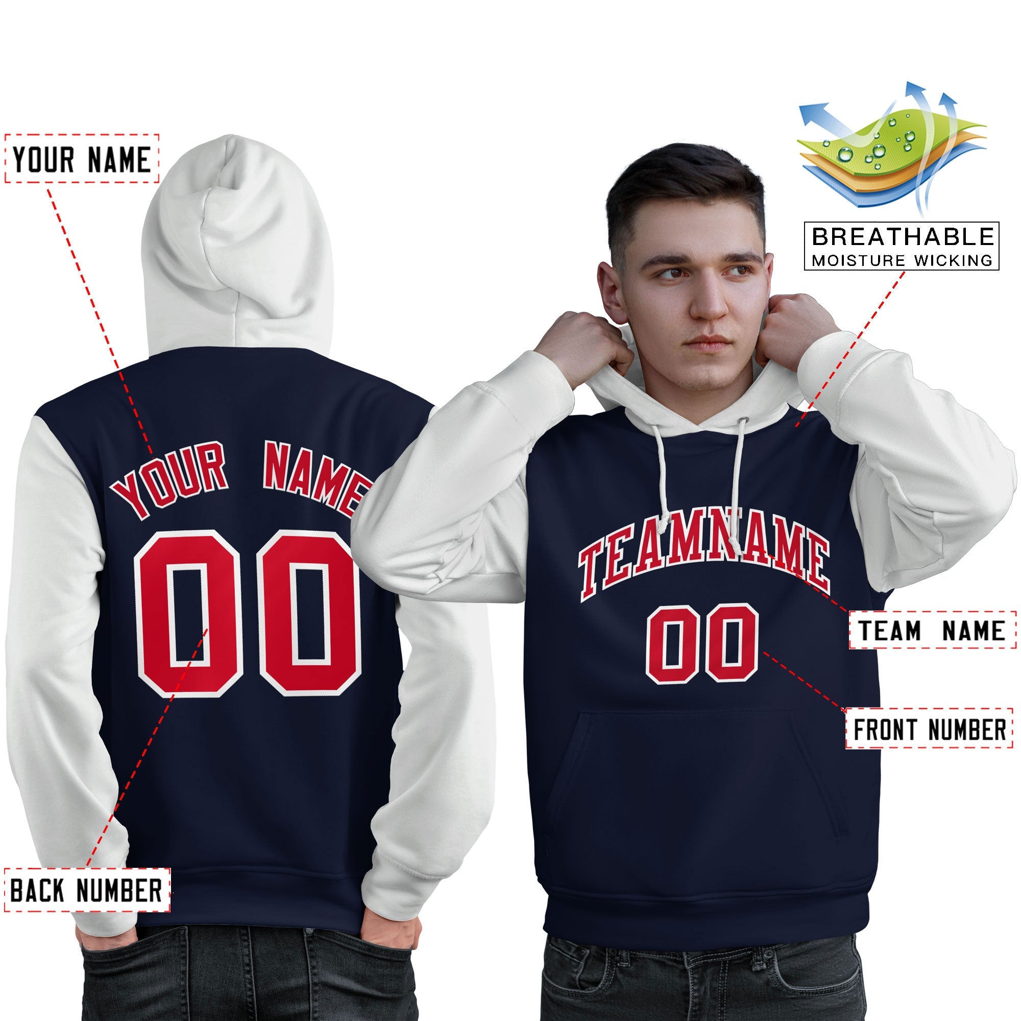 Custom Navy Red-White Raglan Sleeves Pullover Personalized Sweatshirt Hoodie