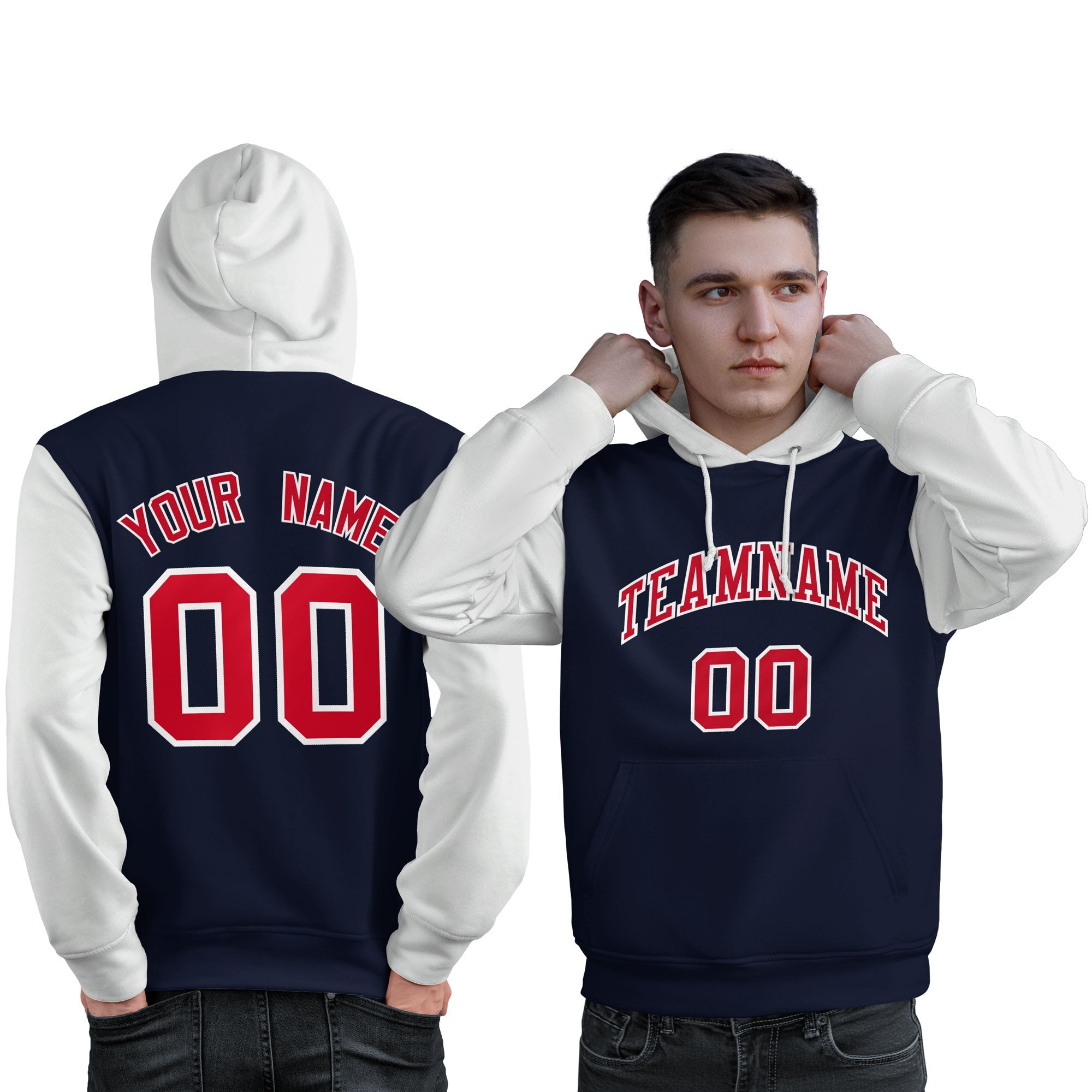 Custom Navy Red-White Raglan Sleeves Pullover Personalized Sweatshirt Hoodie