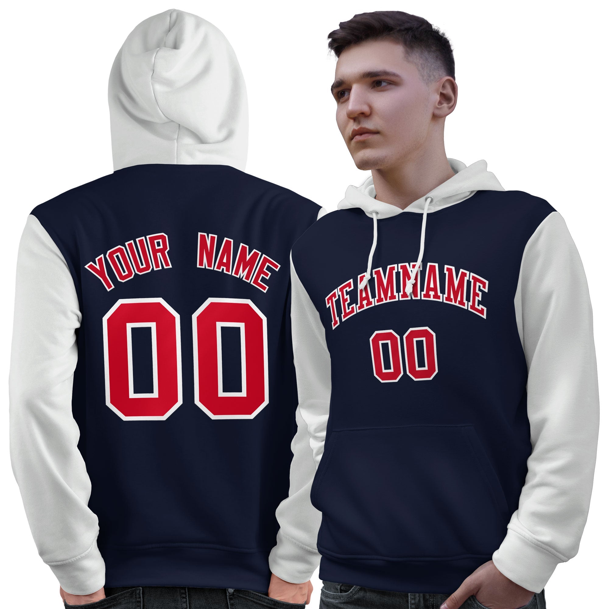 Custom Navy Red-White Raglan Sleeves Pullover Personalized Sweatshirt Hoodie