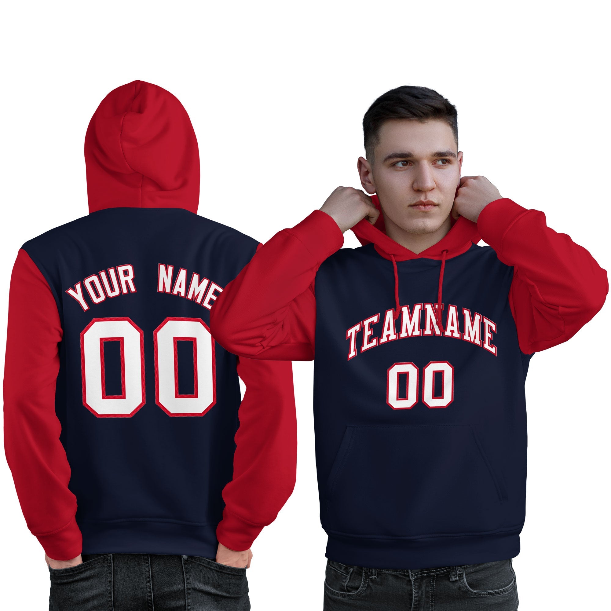 Custom Navy White-Red Raglan Sleeves Pullover Personalized Sweatshirt Hoodie